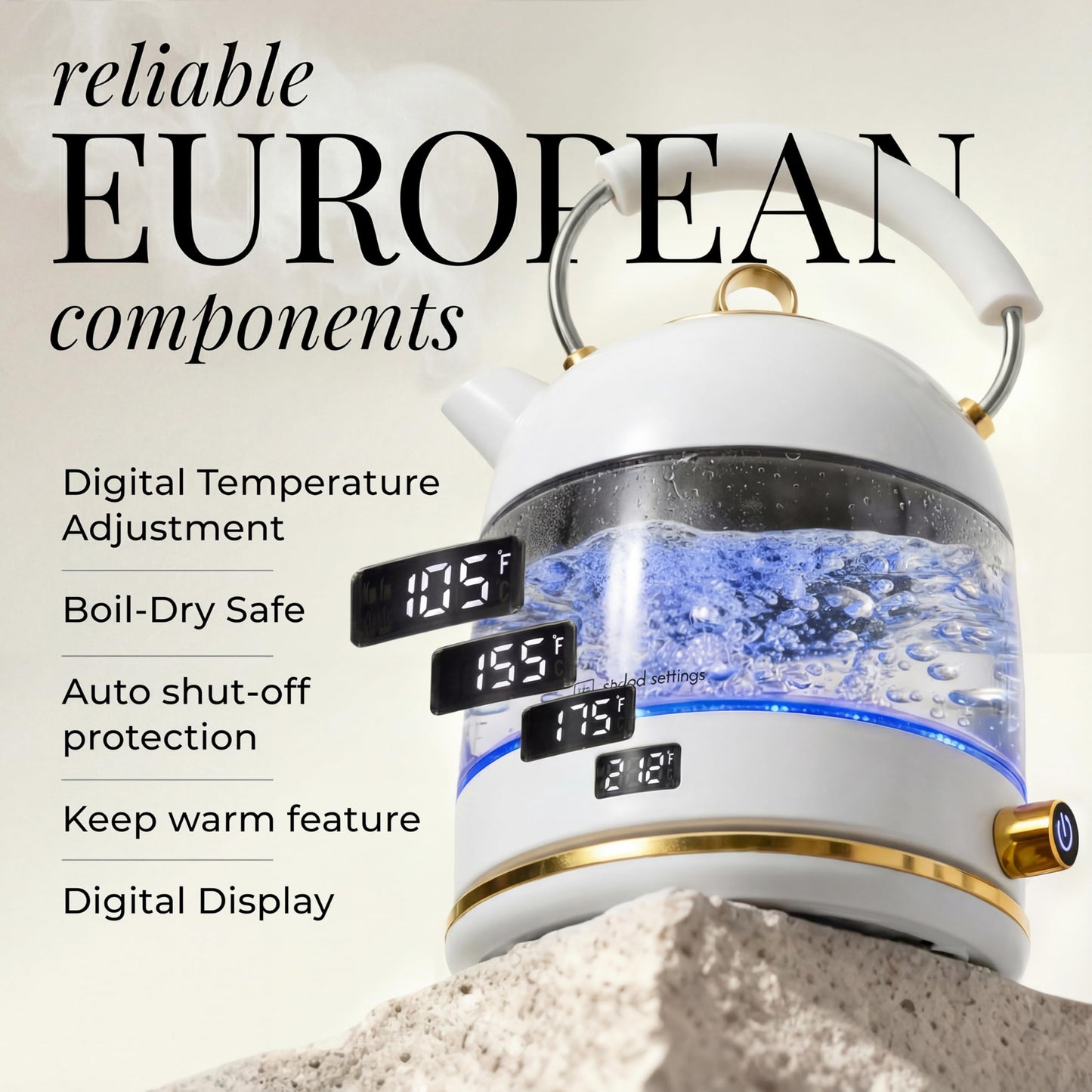 White Electric Tea Kettle with Temperature Control - 1500W Fast Hot Water Boiler and Warmer - White and Gold Electric Kettle with Keep Warm Function, BPA-Free Glass Body, Stylish Design, Auto Shut-Off