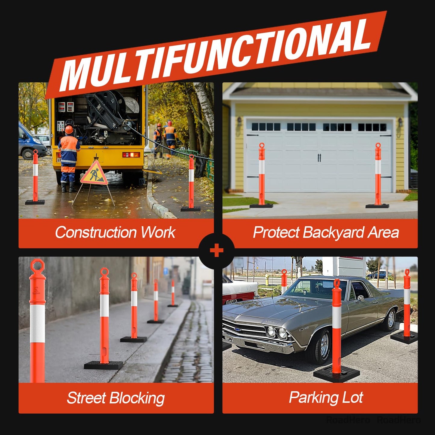 RoadHero 45 Inch Delineator Post with Base, Portable Orange Traffic Delineator Posts Cones with Reflective Collars for Parking Lots, Road Safety, Construction Events 6 Pack