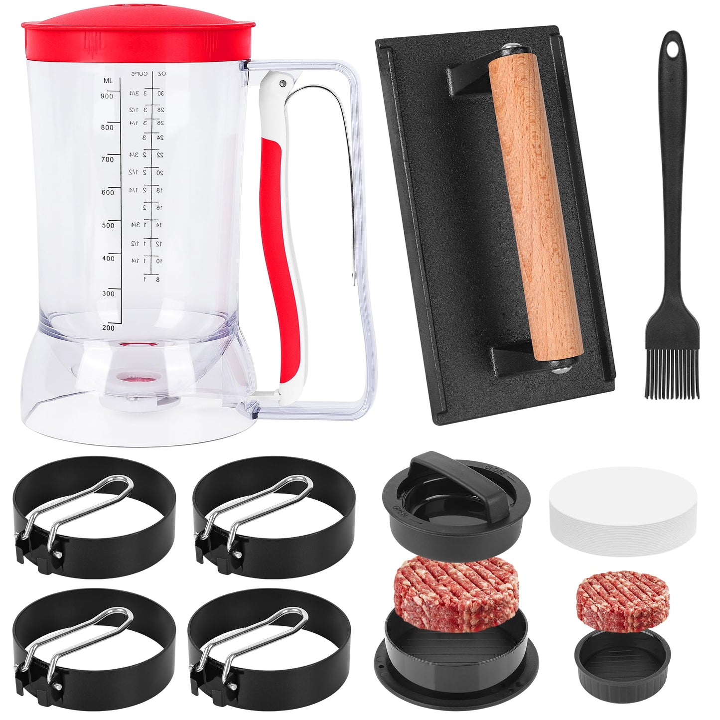 Blackstone Breakfast Kit Pancake Batter Dispenser 9PCS Griddle Accessories Set - Included Pancake Batter Dispenser Bacon Press Egg Rings Hamburger Press Patty Maker Brush and Oil Separating Paper
