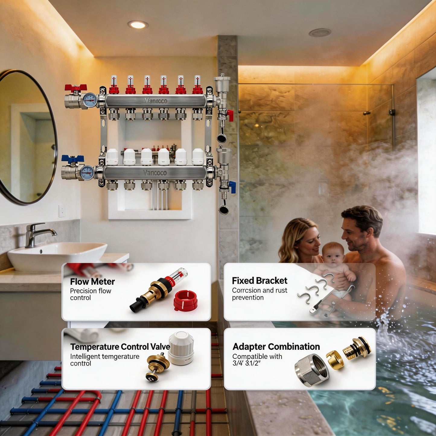 ‌VANCOCO 6 Loop Radiant Floor Heating Manifold, Stainless Steel Infloor Radiant Heat Manifold for Hydronic Radiant Floor Heating with1/2" Adapters