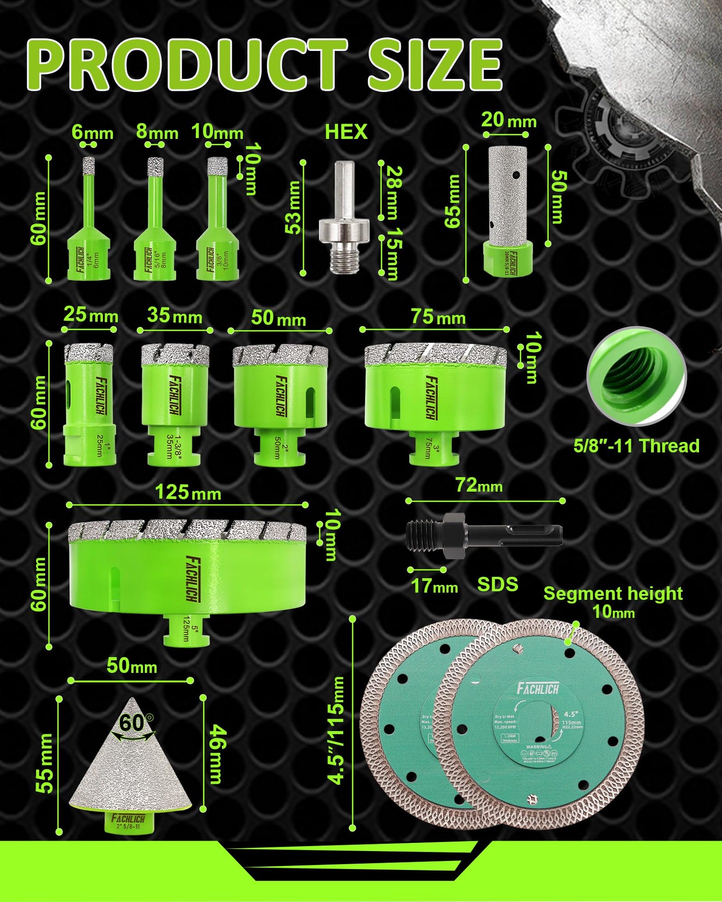 FACHLICH Tile Hole Saw Kit - 14pcs Diamond Hole Saw (6/8/10/25/35/50/75/125mm) with Finger Bit and Chamfer Bit, Tile Drill Bits for Porcelain Ceramic Marble Brick Granite,5/8"-11 Thread