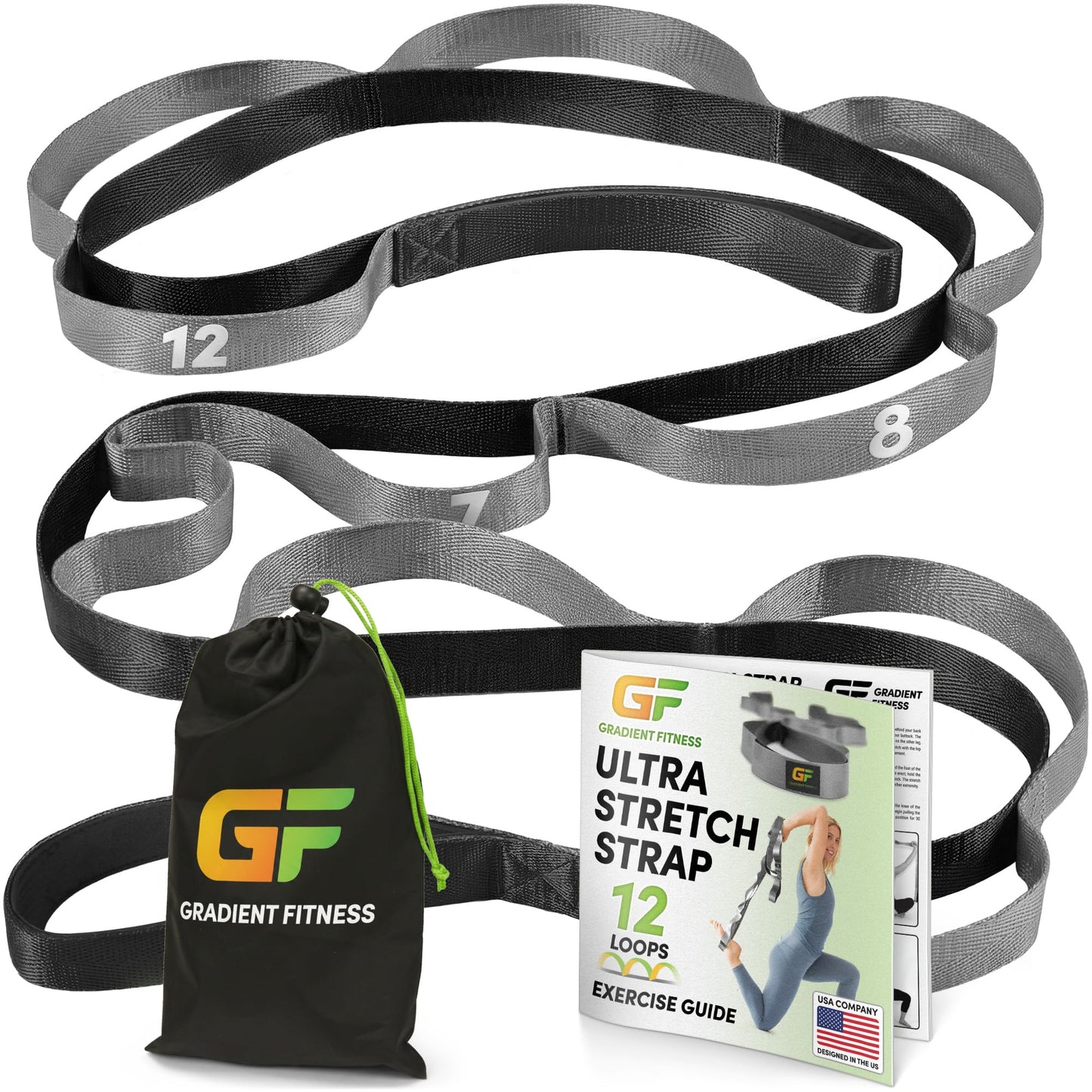 Gradient Fitness Stretching Strap for Physical Therapy, 12 Multi-Loop Stretch Strap 1" W x 8' L, Neoprene Handles, Physical Therapy Equipment, Yoga Straps for Stretching, Leg Stretcher (Black)