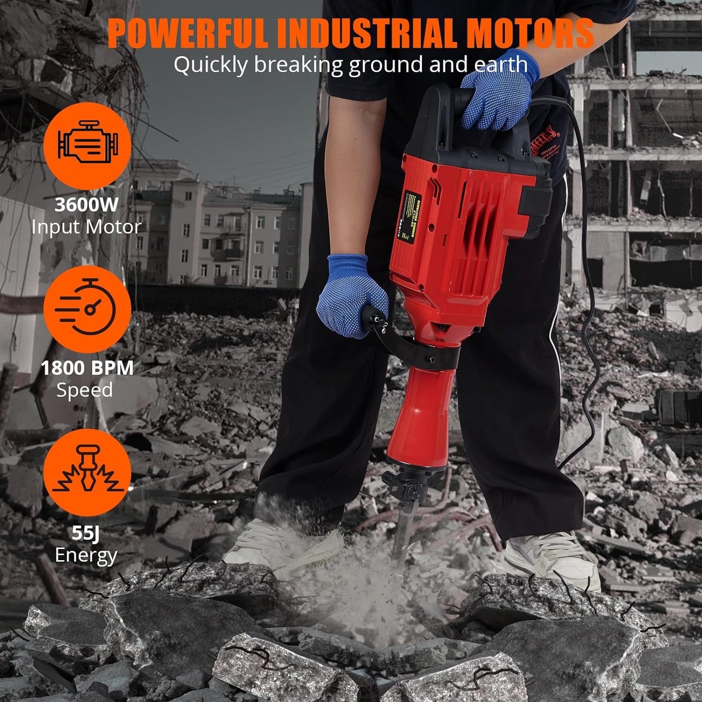 GAOMON 3600W Demolition Electric Jack Hammer with 6pcs Chisels Bit Set, Concrete Breaker Tool Kit Heavy Duty Power Hammer