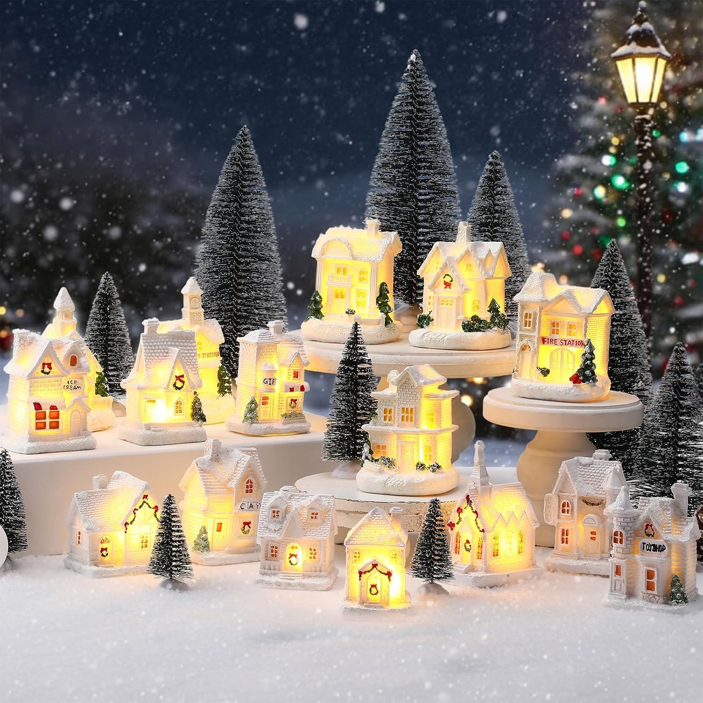 Vinsot 26 Pcs Resin Winter Miniature Village Set - Light Up LED Houses & Pine Trees for Holiday Decor