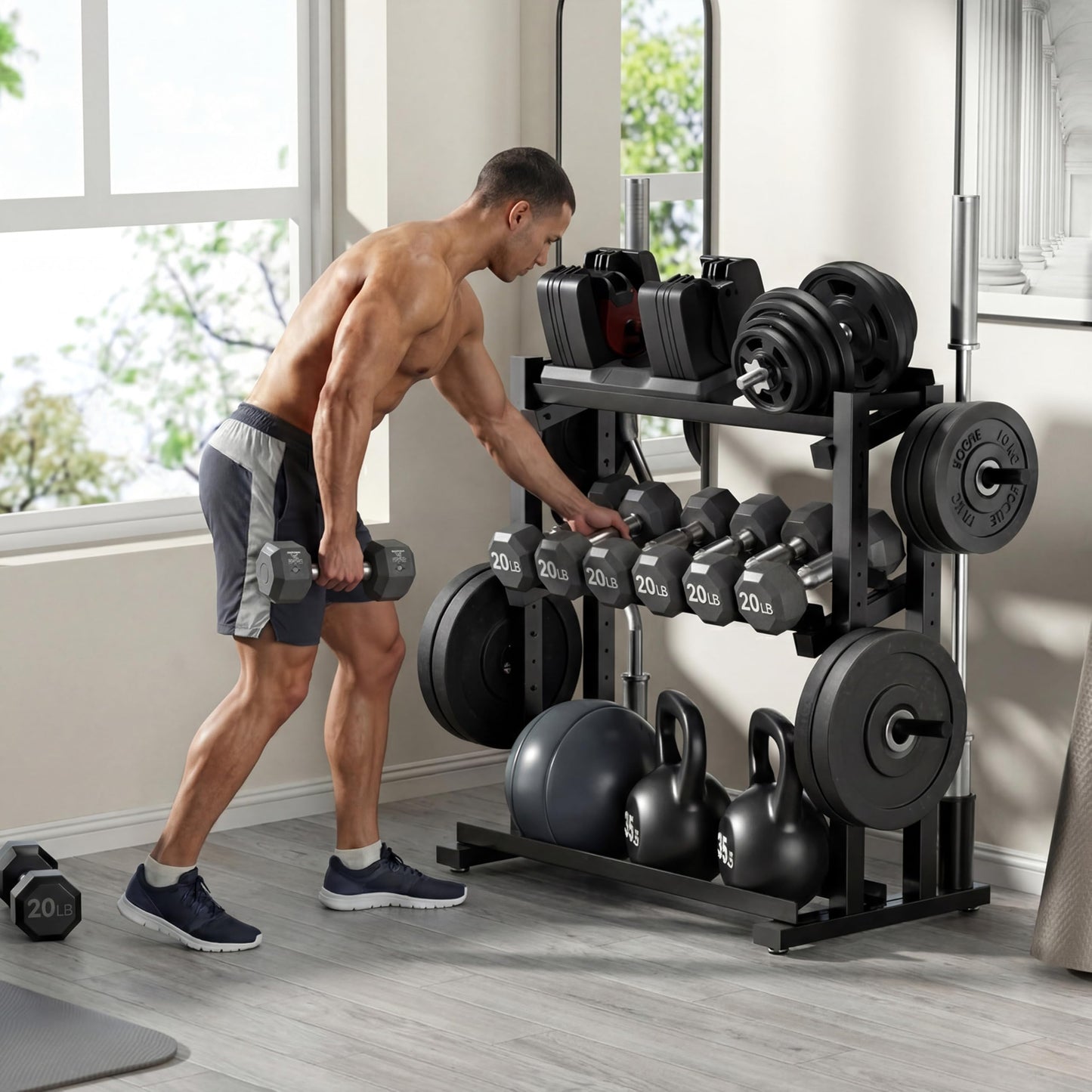 3-Tier Heavy-Duty Dumbbell and Plate Rack 1200LB Capacity, Adjustable Weight Storage Stand for Dumbbells, Kettlebells, Barbells & Weight Plates, Compact Multifunctional Organizer for Home Gym