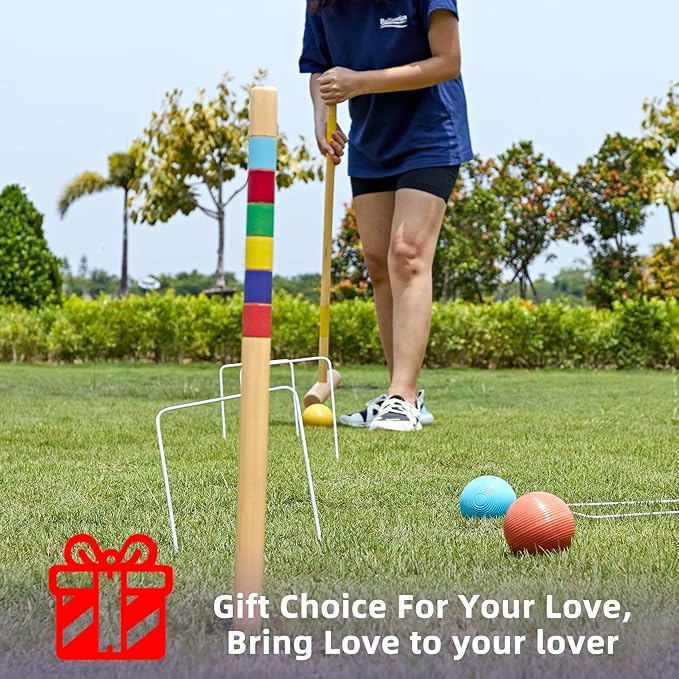 ApudArmis 32In Six Player Croquet Set with Deluxe Premiun Pine Wooden Mallets,Colored Ball,Wickets,Stakes - Lawn Backyard Game Set for Adults/Teens/Family (Large Carry Bag Including)