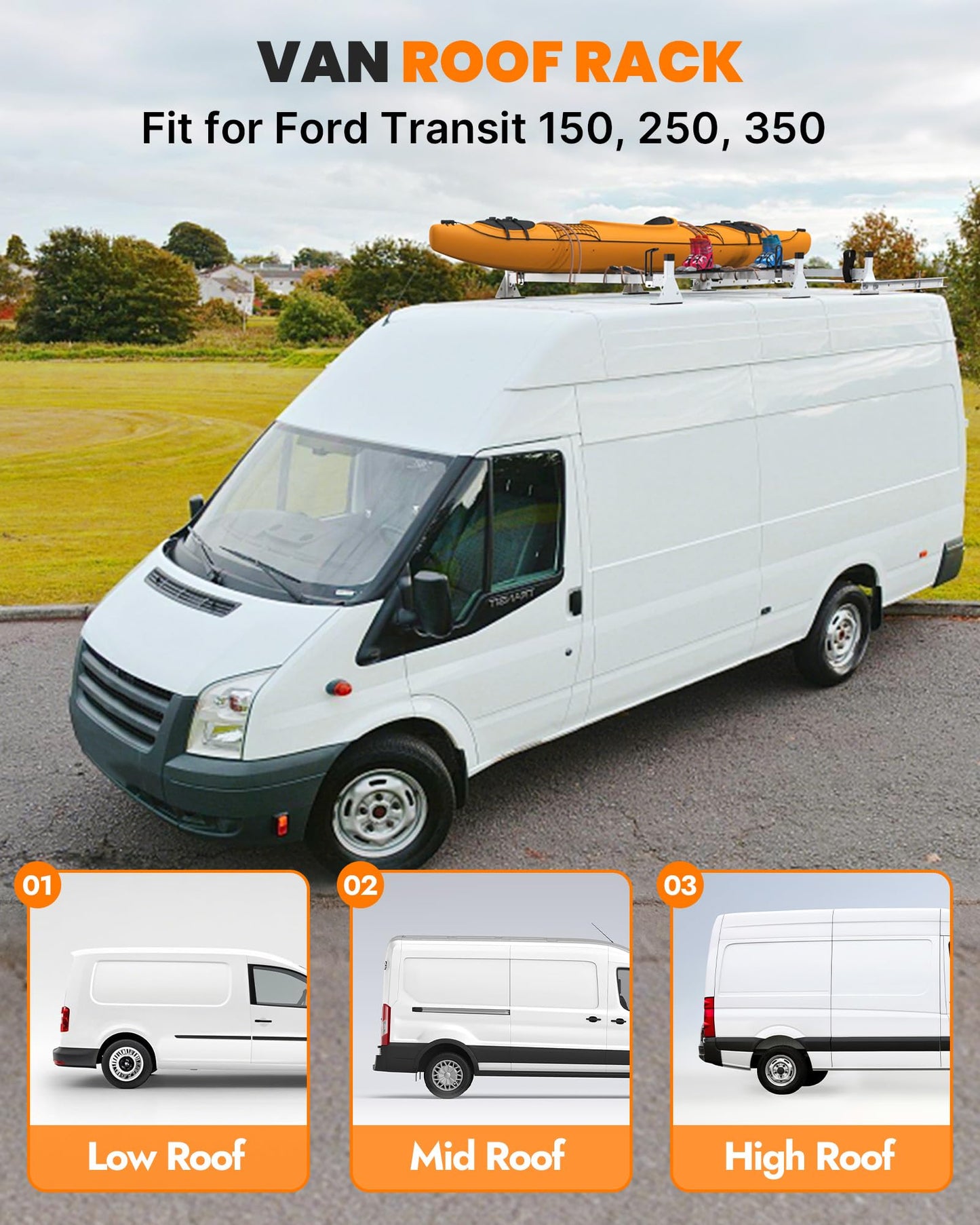 MELIPRON Van Ladder Rack Fit for 2015-2026 Ford Transit 150 250 350, Heavy Duty Steel Cargo Van Roof Rack with Rear Roller, No Drilling, 800LB Capacity for Contractors