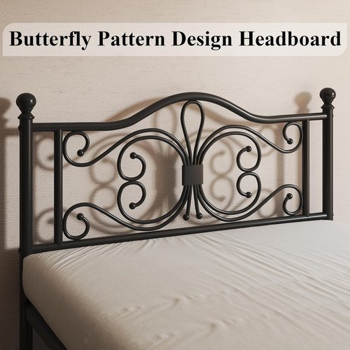 LOEWAY Queen Size Metal Platform Bed Frame - Butterfly Pattern Headboard & Footboard | Strong Slats, Easy Assembly, Noise-Free, Black