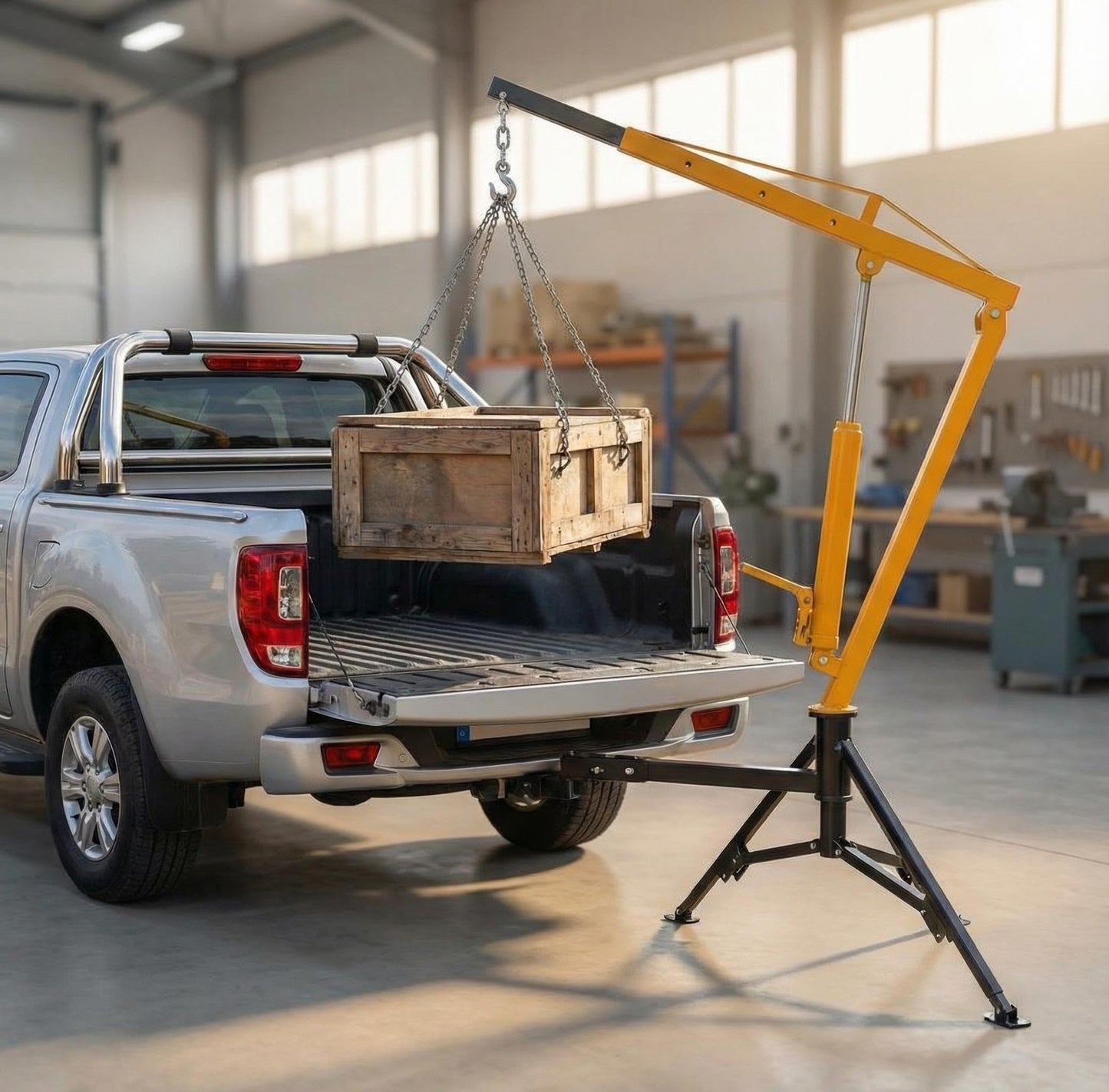 GarveeLife 1000 LBS Hydraulic Pickup Truck Crane, 360° Swivel Hitch Mounted Hoist with 3 Adjustable Booms, Truck Bed Crane for Lifting Engine, Deer, or Construction Goods-Yellow