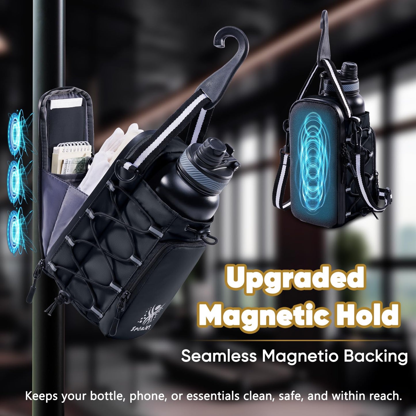 SPORJET Magnetic Gym Bag for Water Bottle – Fits Up to 46oz, Sling Water Bottle Holder with Strap & Phone Pocket, Magnetic Workout Bag for Gym, Fitness, Outdoor, Men & Women