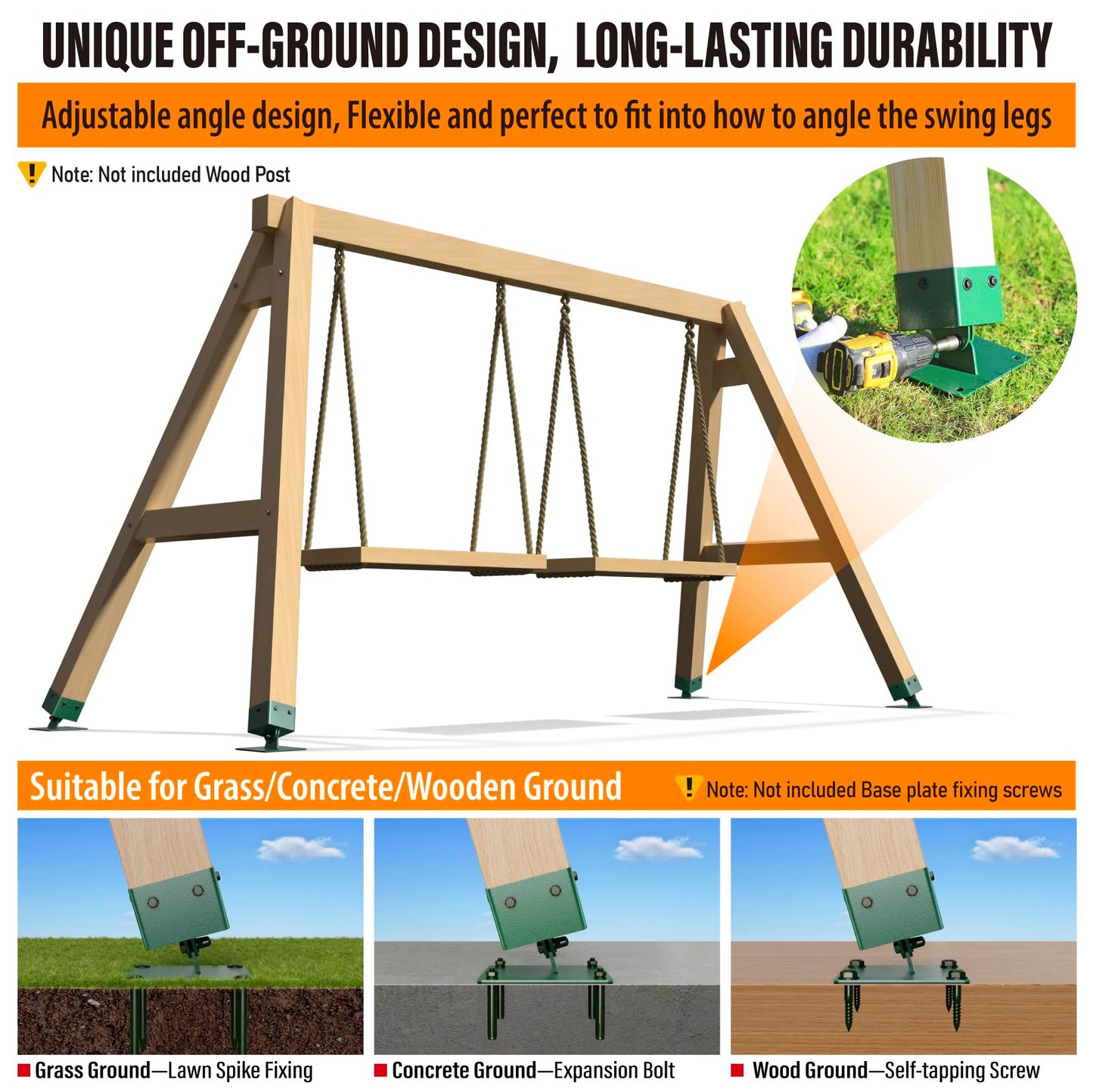 Swing Brackets Heavy Duty Swing Leveling Base Brackt 45°-60° Angle Range Swing Set Brackets Stainless Steel Swing Anchor Leveling Kit Bracket Level on Uneven Ground fits Grass Gravel and Hard Ground