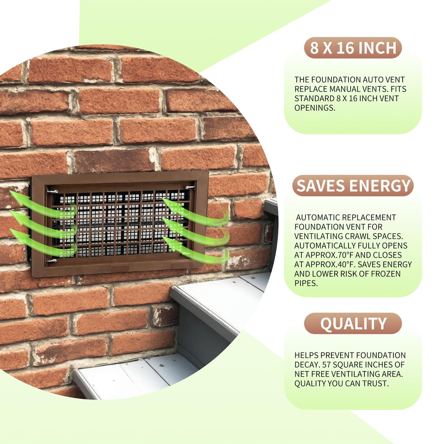 10 Pack 8" x 16" Automatic Foundation Vent for Ventilating Crawl Space Replacement Auto Air Vent, Brown