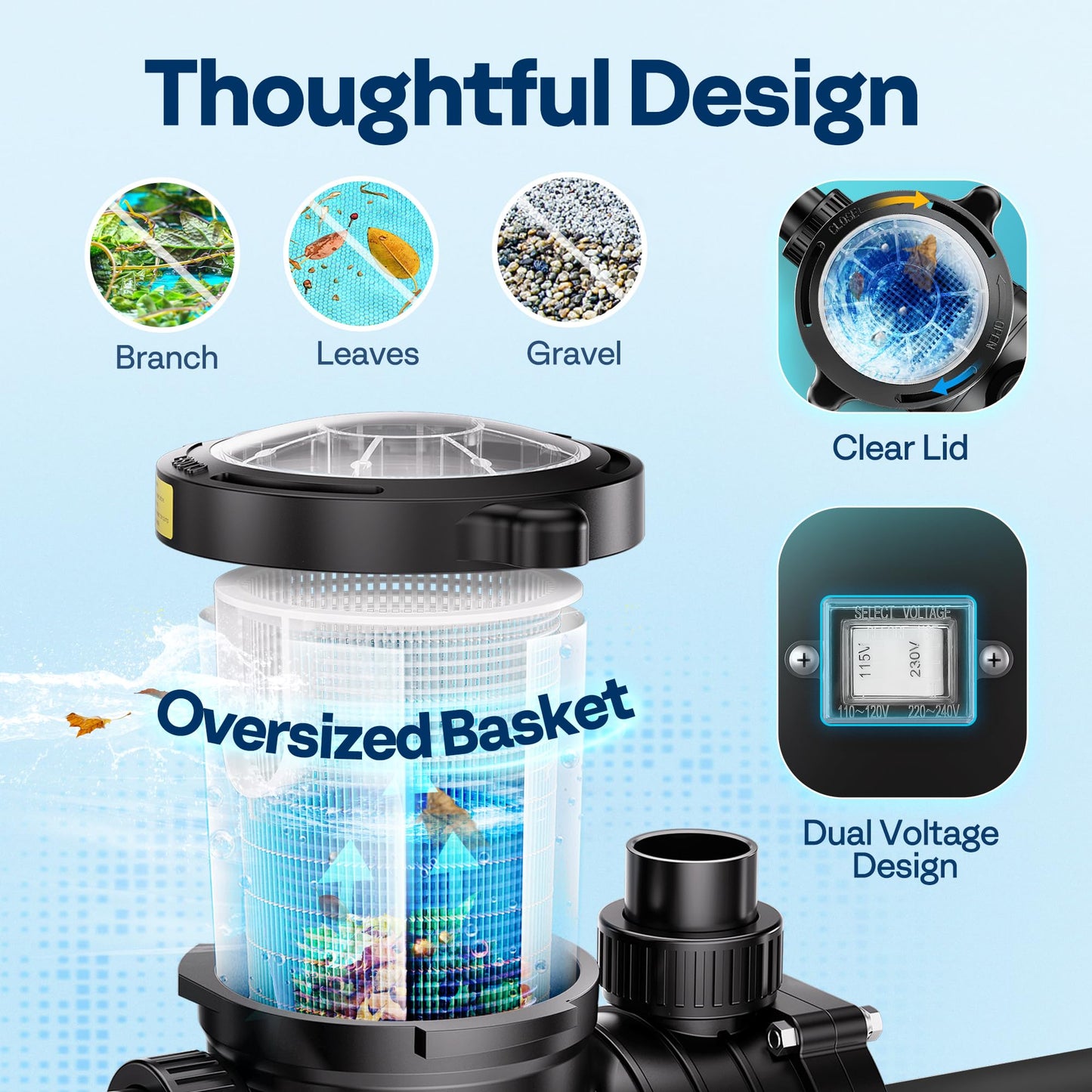 VIVOHOME 2.0HP Pool Pump - 115V/230V Self-Priming Motor - In/Above Ground - 6800GPH Energy Efficient - 1.5", 2", and 1.25"-1.5" Connectors w/Strainer Basket