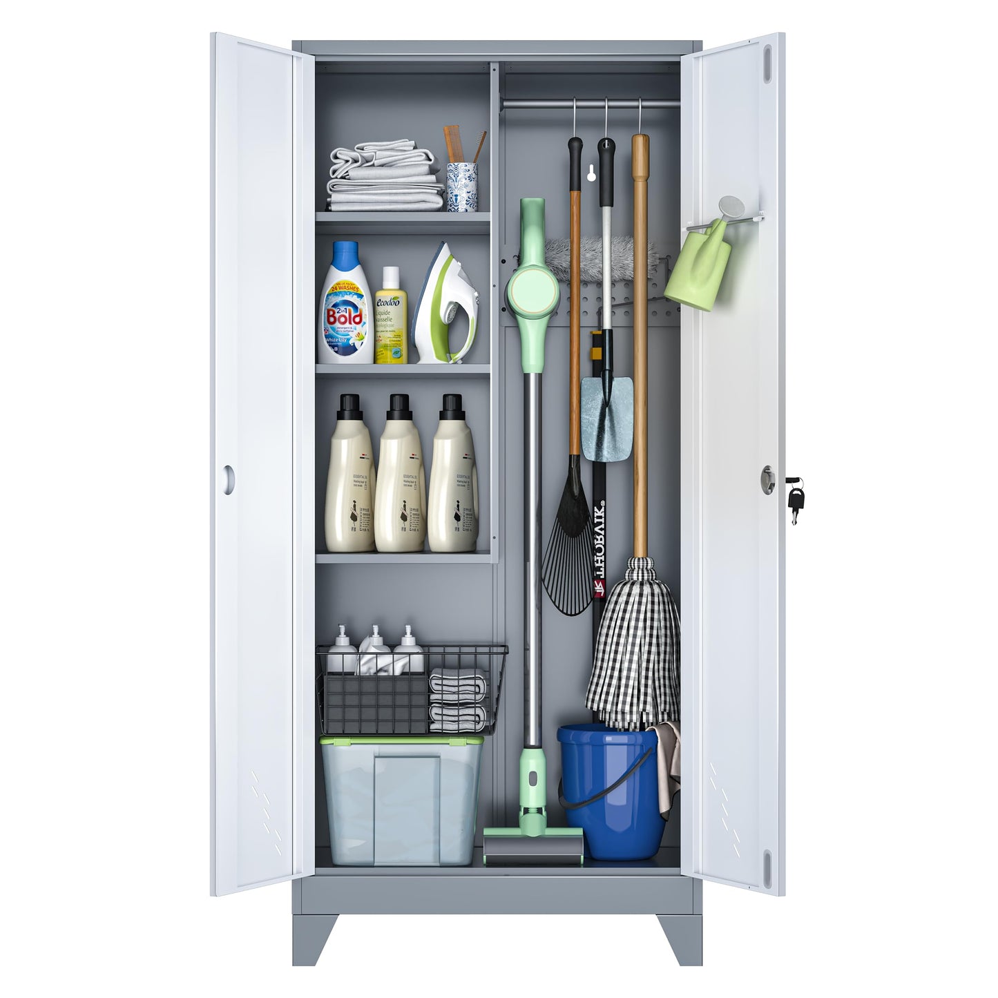 CBNTKI 61" Broom Storage Cabinet, Cleaning Tool Storage Cabinet, Garage Utility Storage, Metal Broom Closet for Home, Garage, Utility Room, Hanging Rod (Gray White, Door-2)