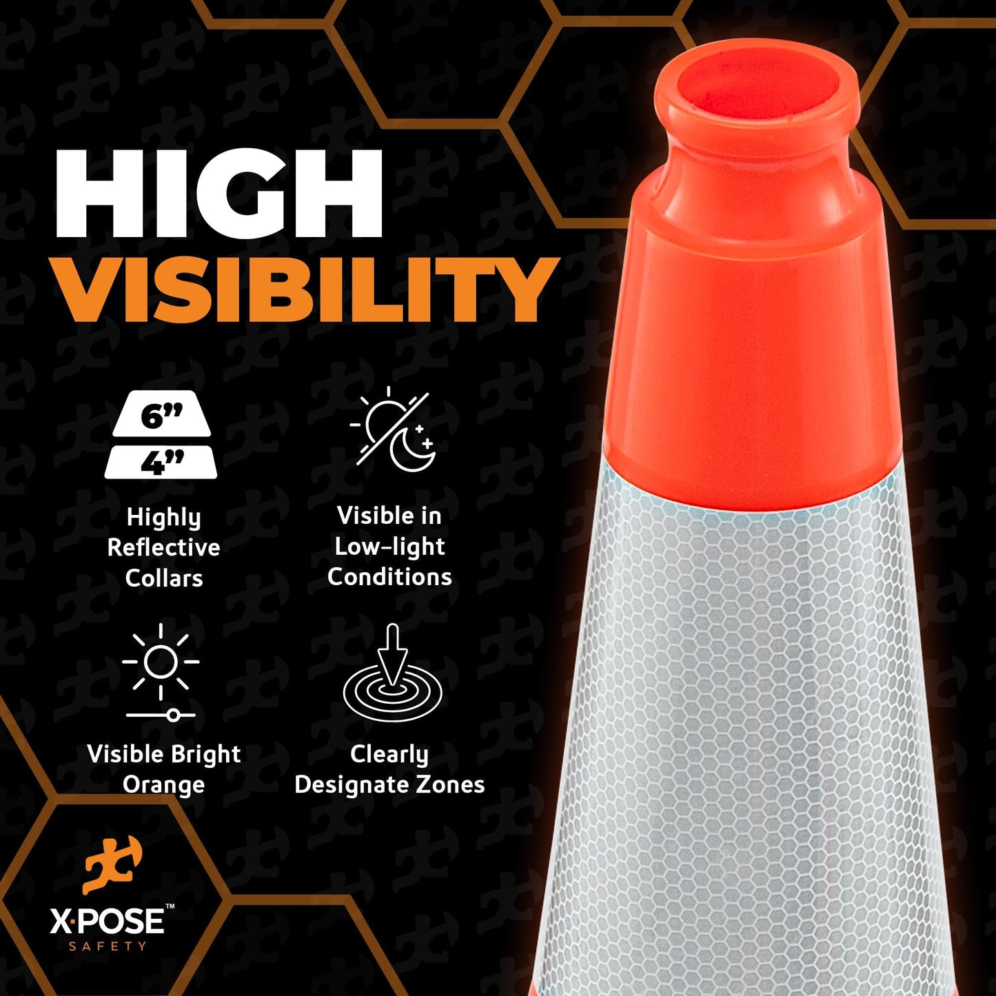 Xpose Safety 28 Inch Orange Slim Line Traffic Cones with 6" & 4" Collars, 6 Pack Multipurpose PVC Plastic Safety Cone for Parking, Soccer, Caution, Kids and Construction - DOT Approved