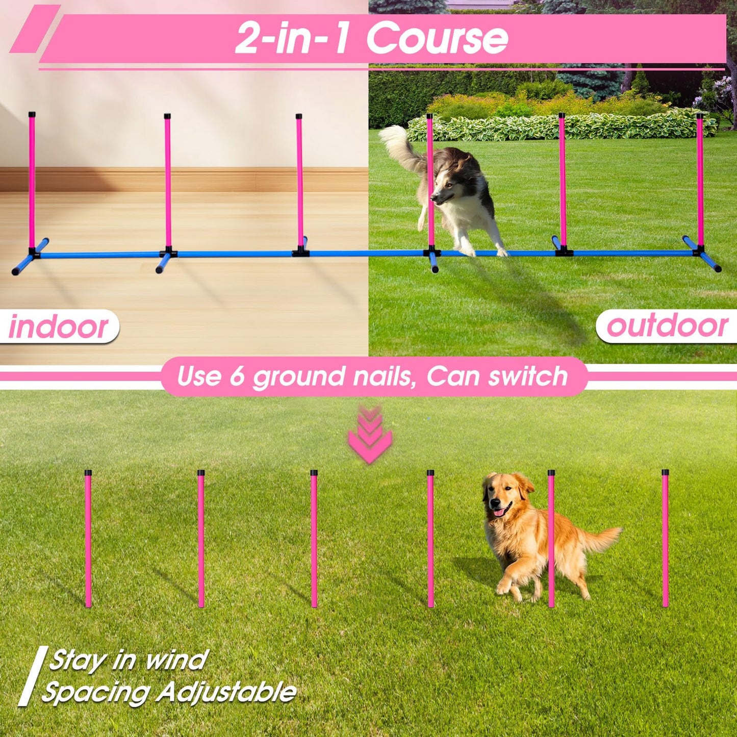Dog Agility Course Backyard Set, Dog Agility Equipment, Pet obstacle Course Backyard with 6 Dual Mode Weave Poles, 2 Adjustable Hurdle, Jump Ring, Tunnel, Pause Box, Toy Balls and 2 Carrying Bags,Pink
