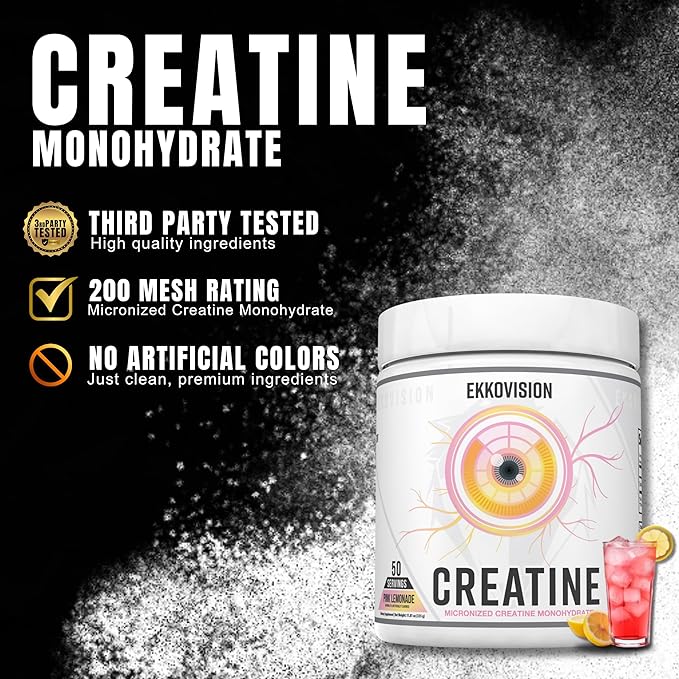 Ekkovision Creatine Monohydrate Powder, Micronized, Pink Lemonade, Pre Workout & Post Workout Supplement for Men and Women, Energy Support, Easy to Mix in Shakes, Smoothies & Beverages, 50 Servings
