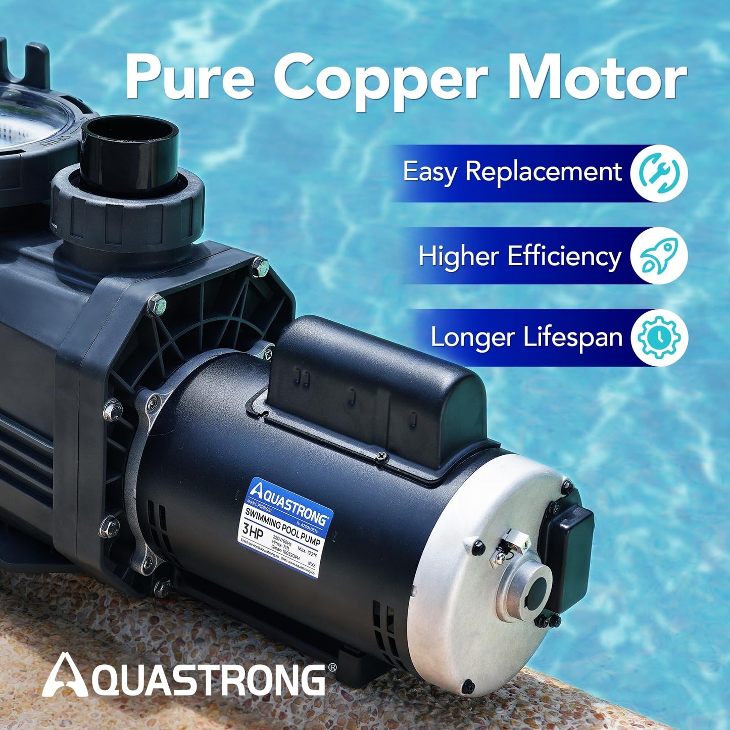 AQUASTRONG In/Above Ground Pool Pump Pure Copper Motor Energy Efficient High Flow Powerful Self Primming Swimming Pool Pumps with Filter Basket, Light Black