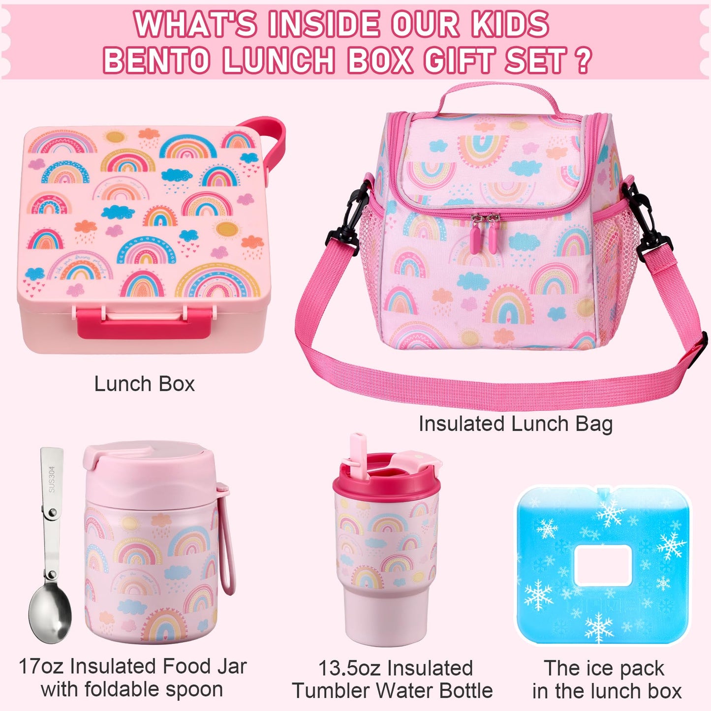 Bento Lunch Box for Kids with 17oz Soup Thermo,Insulated Tumbler Water Bottle and Insulated Lunch Bag,Leak-Proof 3 Compartment Lunch Food Container with Ice Pack for Kids to School-Rainbow