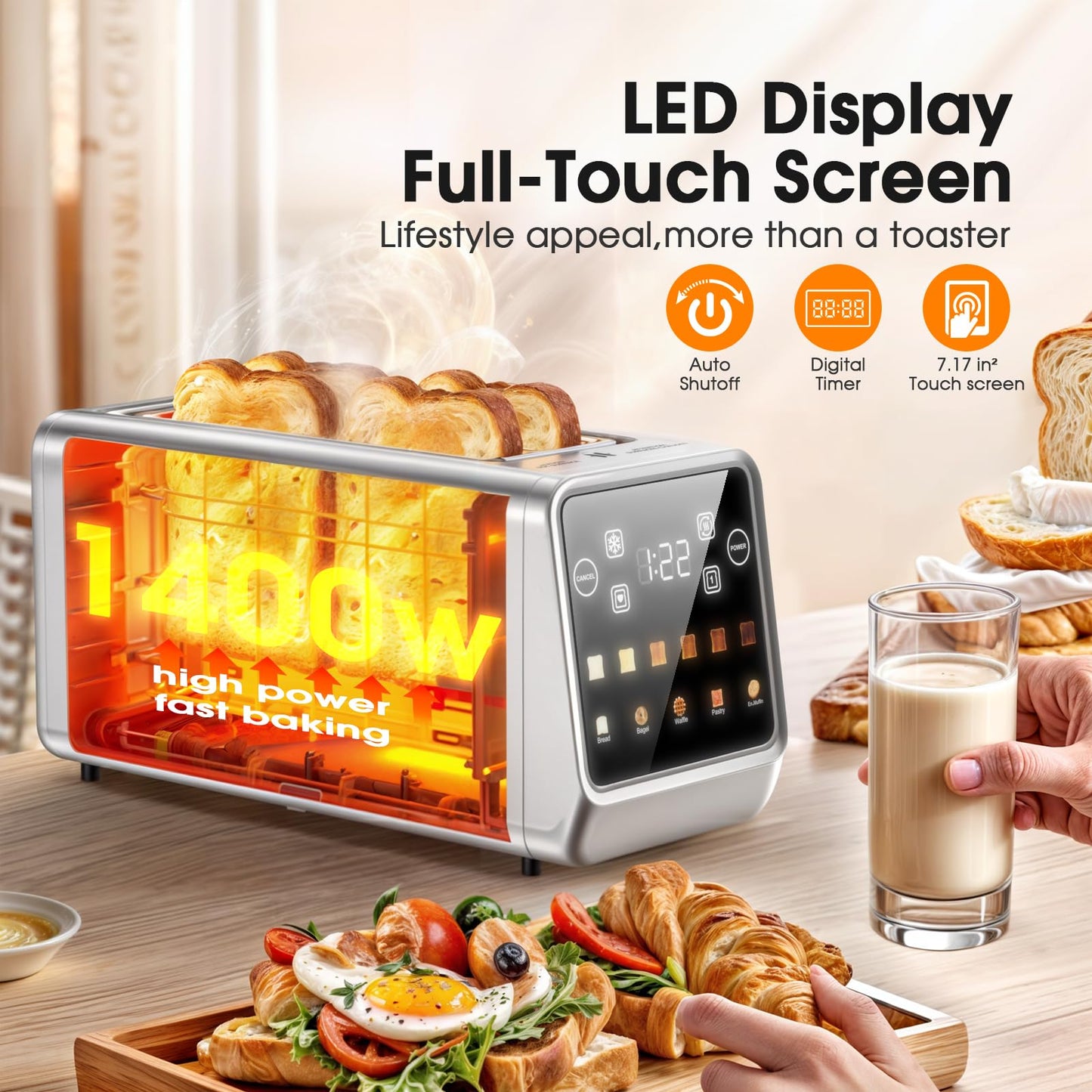 Smart 4-Slice Toaster, 75° Touchscreen with Digital Timer & Even-Heat Tech, Extra-Wide Slots for Bagels & Thick Bread, 6 Browning Levels, Defrost/Reheat, Single-Slot Energy Saving