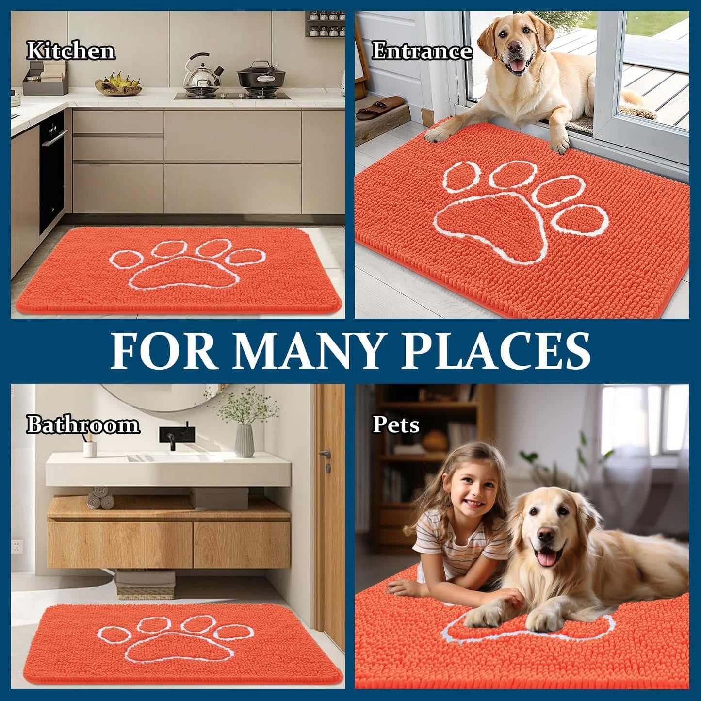 OLANLY Dog Door Mat - Absorbent Non-Slip Mud Mat for Paws | 30x20 Coral Chenille Design