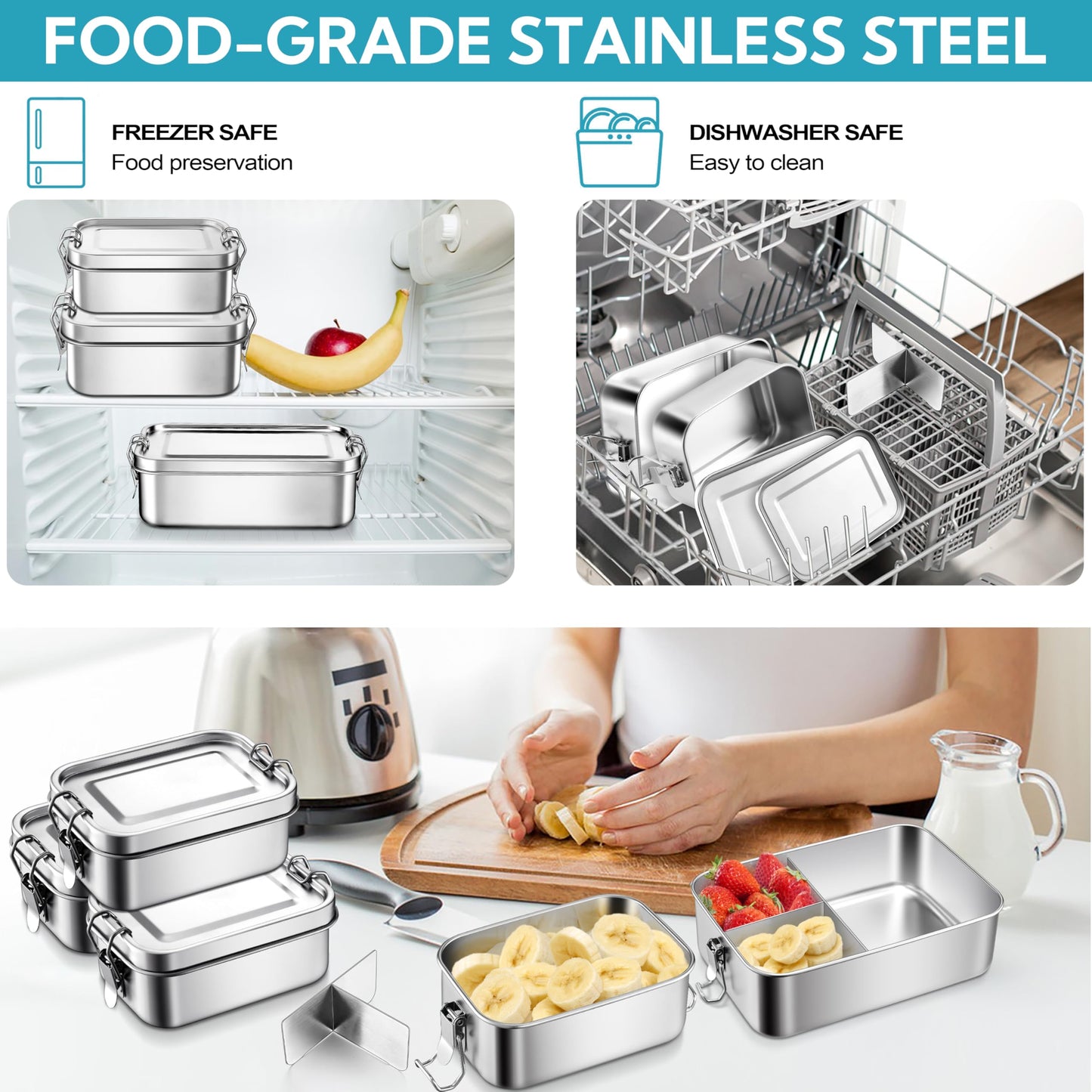 E-far Stainless Steel Bento Box, 28oz Metal Lunch Bento Box w/Leak Proof Lid, 850ml Small Food Container w/Removable Divider & Bag, Reusable 3-Compartment Bento Lunch Container for Camping Picnic