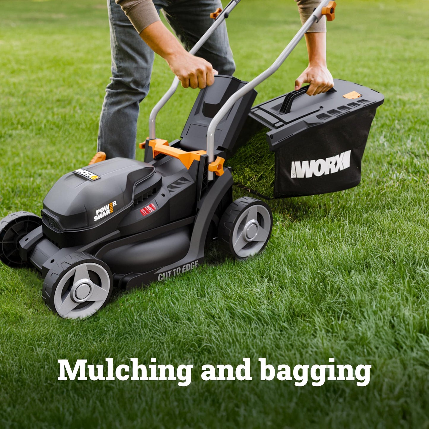 WORX Cordless Lawn Mower, 14'' Electric Mower with Mulching & Bagging, 20V Push Lawn Mower with 6-Position Height Adjustment, 5.0 Ah Battery & Charger Included, WG733.1