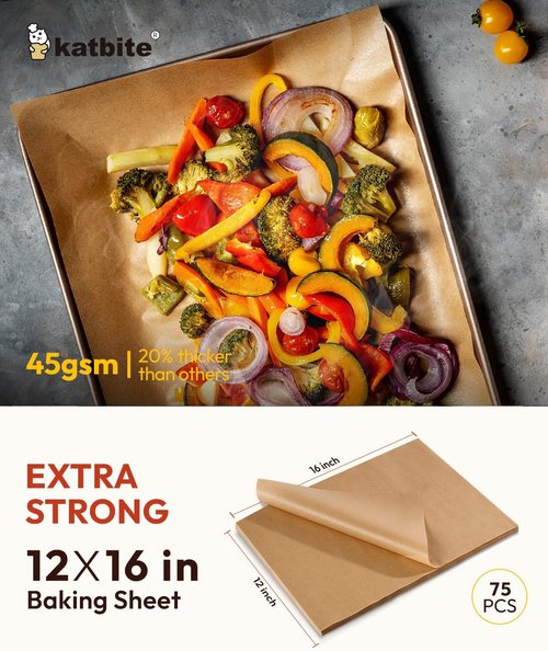 Katbite Unbleached Parchment Paper Sheets - 75 Pcs Heavy Duty Non-Stick 12x16 IN for Baking & Air Fryer