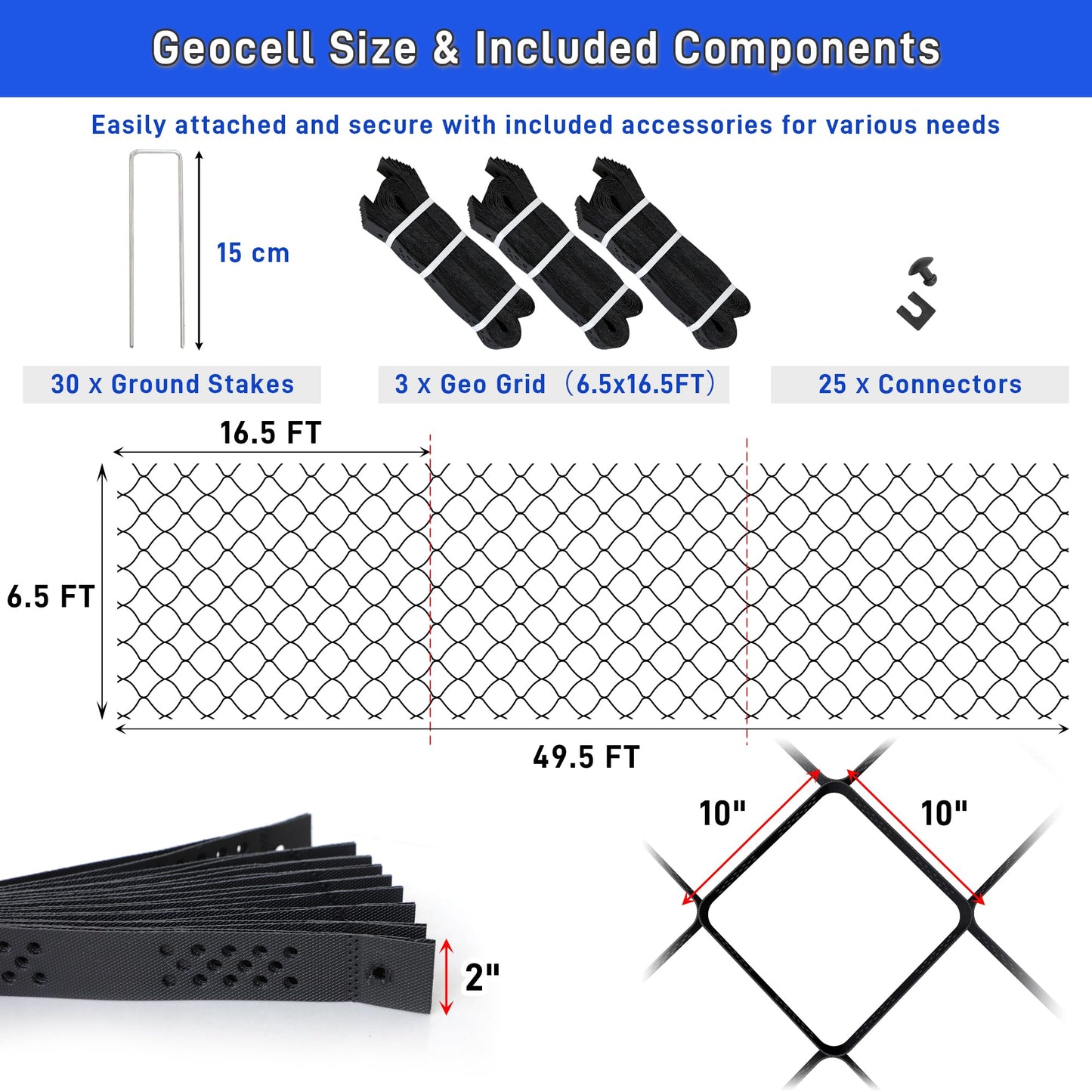 2" Depth Ground Grid, 49.5x6.5 FT Geo Gravel Grid Driveway 1885 lbs per Sq Ft Load, Geogrid Ground Stabilization System with Connection Buckles and Stakes for Driveways Walkway Slope Pathway & Garden