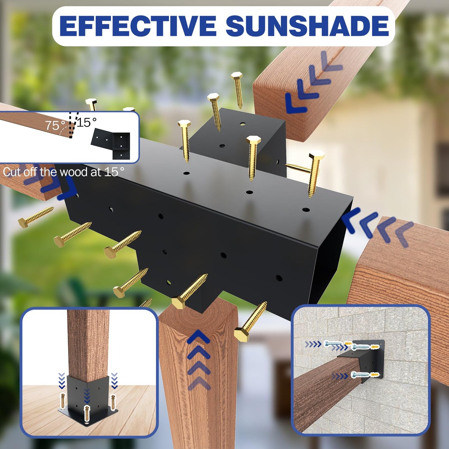 Pergola Kit, 15° 4-Way Slanted Roof Pergola Bracket Set, PowderCoated Roof Wall Mount Pergola Brackets 4" x 4" (Actual: 3.5x3.5 Inch), Pergola Hardware for Porch Gazebo Backyard (3 pcs), Black