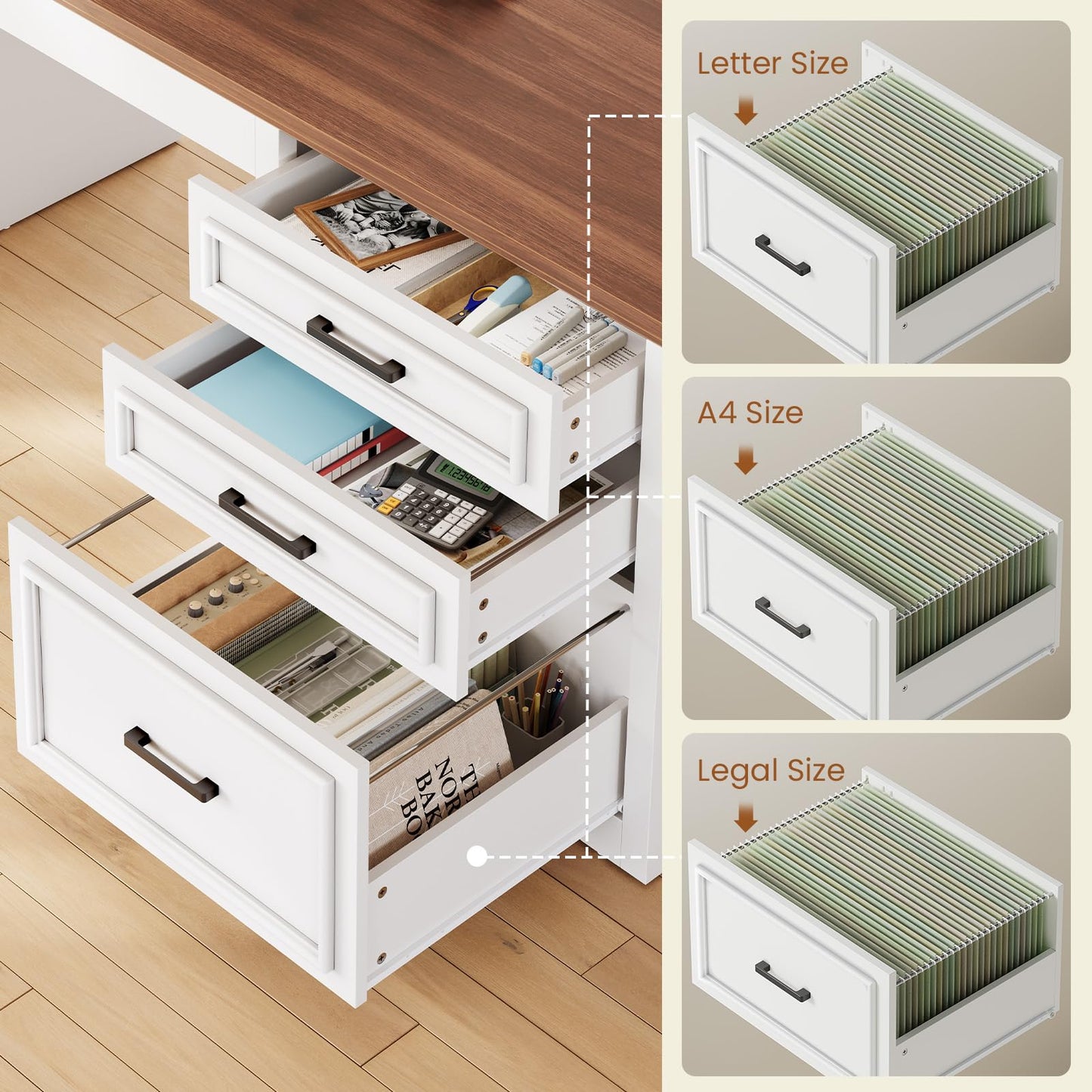 SEDETA Farmhouse L Shaped Electric Standing Desk, 63" x 67" Height Adjustable Home Office Executive Desk with Drawers, Standing Computer Desks with Power Outlet for Home Office, White+Brown