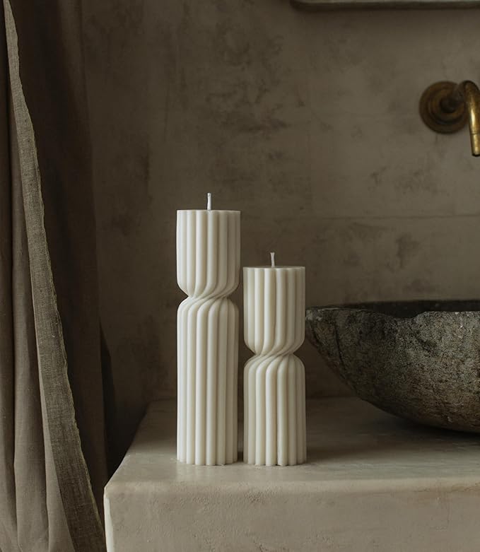LAWA Spiral Spire Candle - Large Beautiful Handmade Pillar Scented Soy Wax Elegant Bubble Aesthetic Candle Housewarming Gift Home Room Shelf Decor Idea White (Set of 2, White)