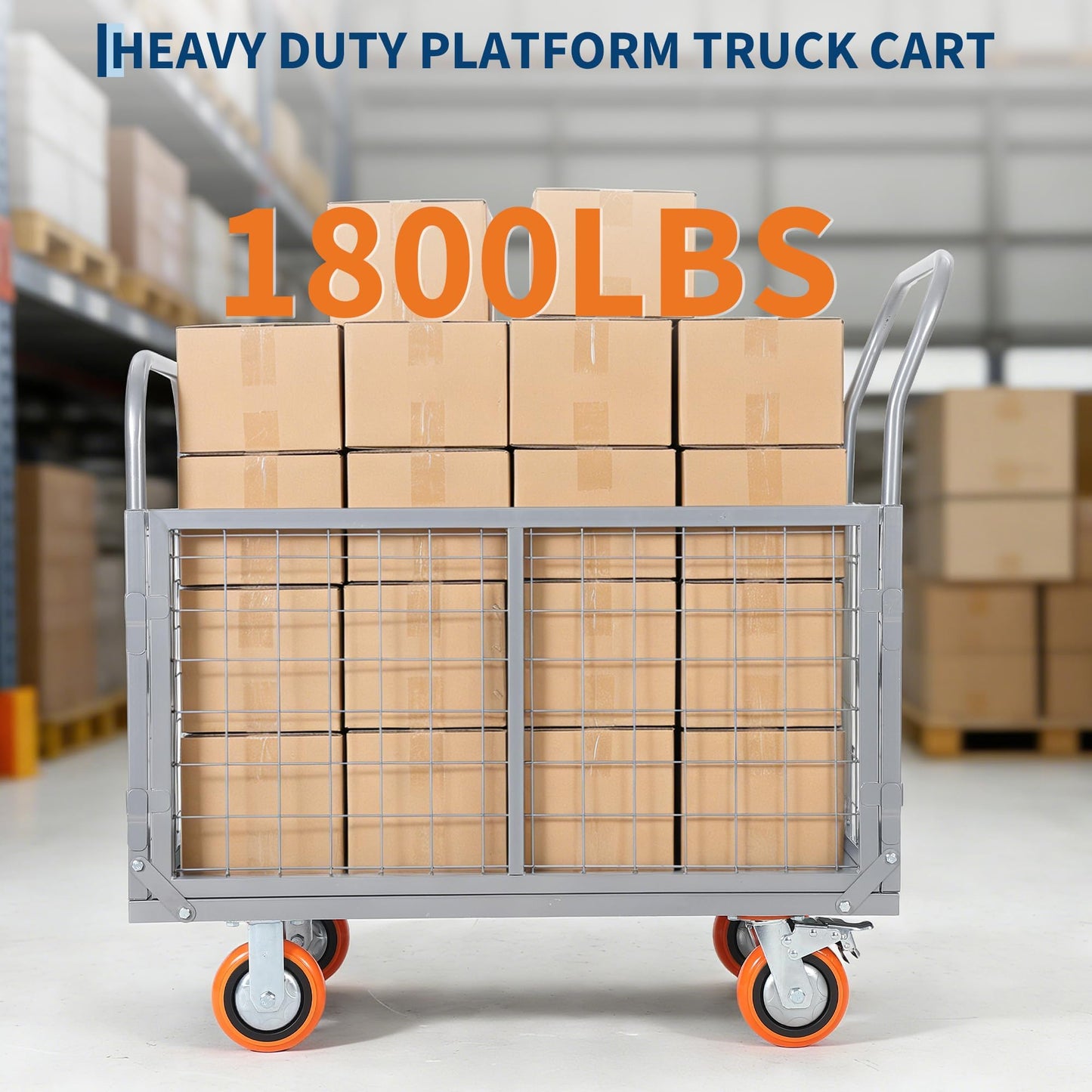 Garvee 1800 Lbs Platform Truck Cart with Cage, Heavy Duty 6-in-1 Foldable Flatbed Cart Hand Truck Dolly, Multi-Functional Push Cart with 360°Wheels, Cage Trolley for Warehouse, Grocery & Moving,Silver