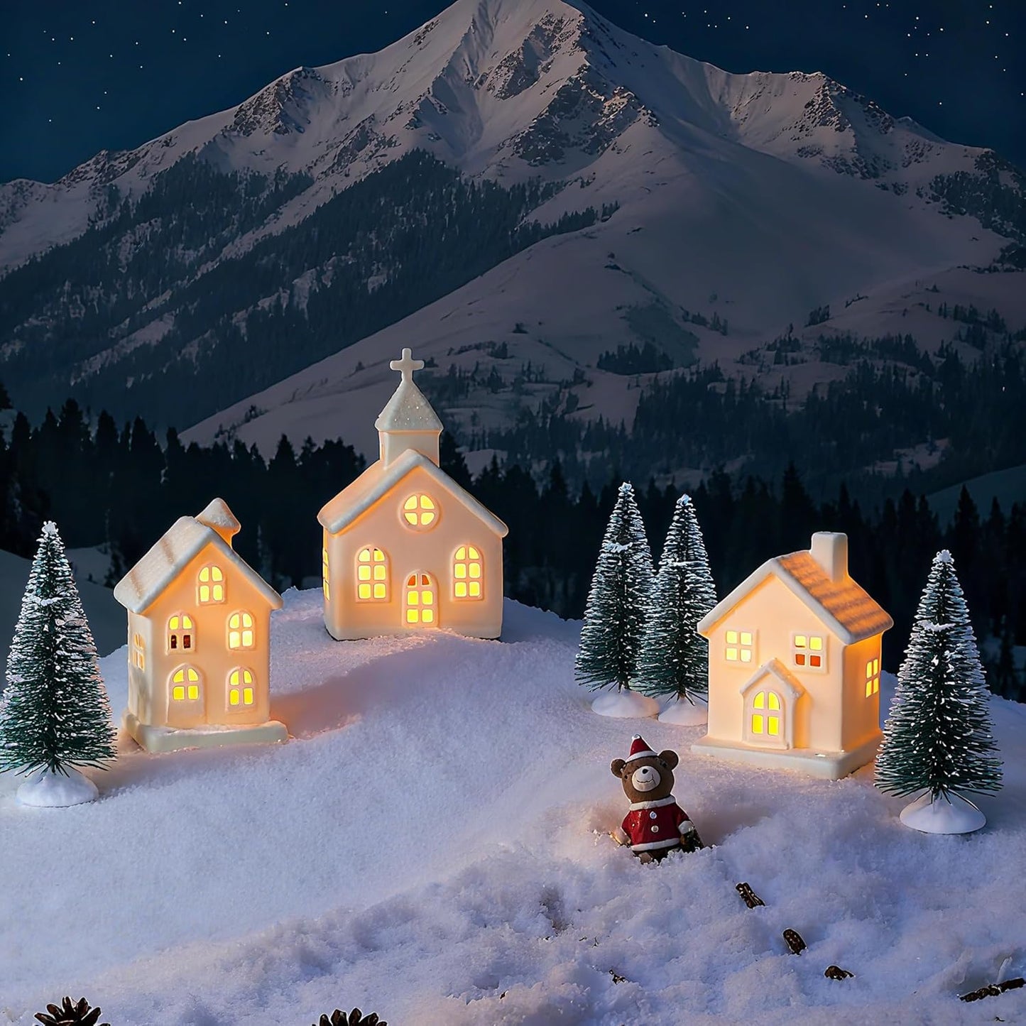 Skiennix 7PCS Christmas Village Set - LED Lighted Ceramic Houses & Decorative Trees | Remote Control Candles