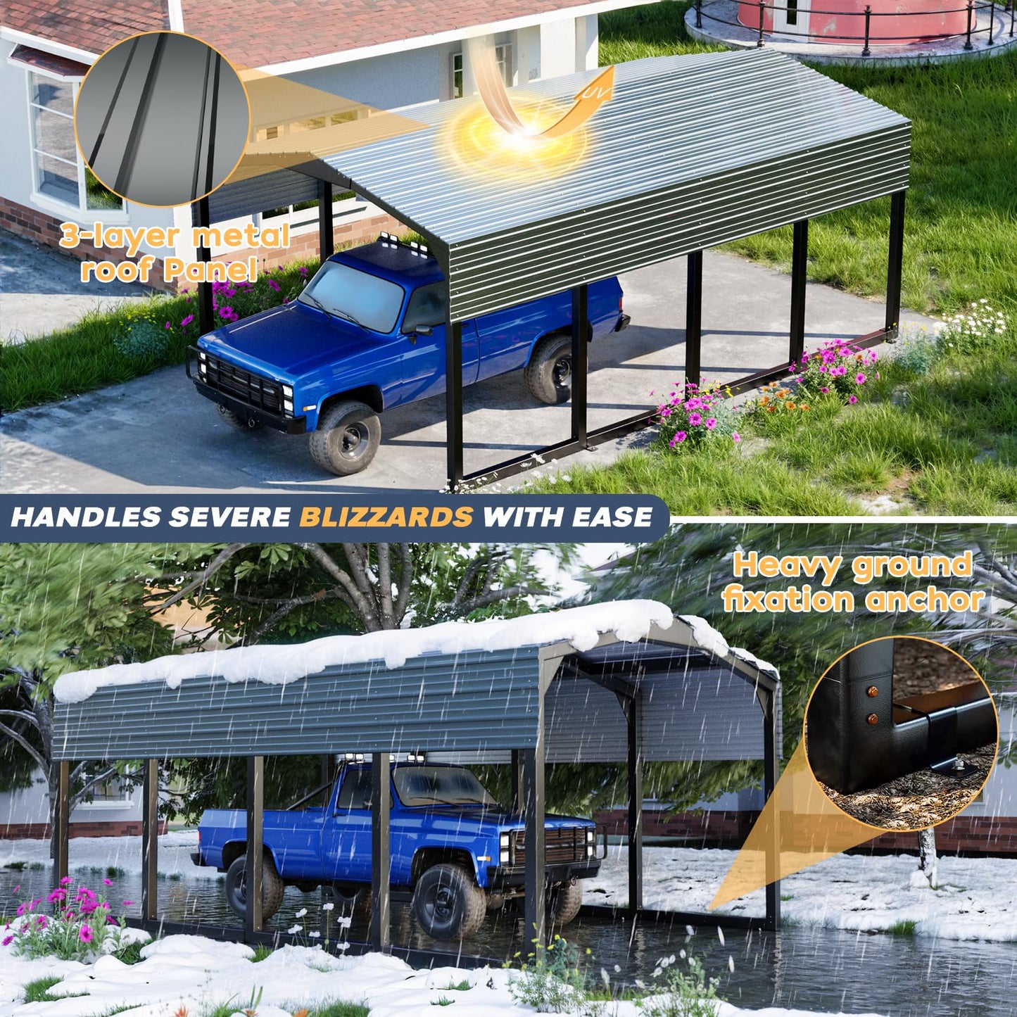 Metal Carport 12x20ft Heavy-Duty | Military-Grade Reinforced Garage Kits with Steel Roof & Hurricane | 100lbs/Sq.Ft Snow/RV/Camper/Truck/Tractor Shelter