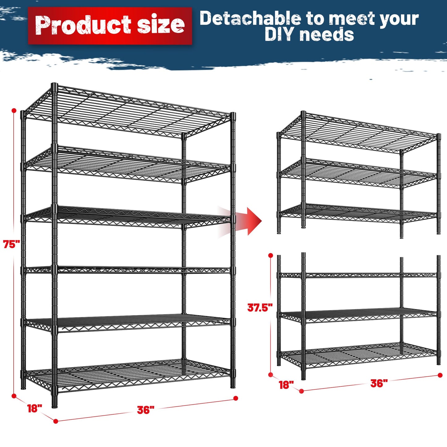 DurayLoly Storage Shelves Metal Shelving Unit 6Tier Wire Shelving Rack 1200LBS Heavy Duty, Adjustable Pantry Shelves, Metal Shelf for Kitchen,Garage Shelving,Closet Shelves,75" Hx 36" Wx 18" D
