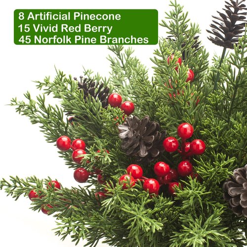 Grunyia Christmas Decorations - 68 Pcs Artificial Pine Greenery Picks with Pinecones & Berries | Holiday Table Centerpiece Decor