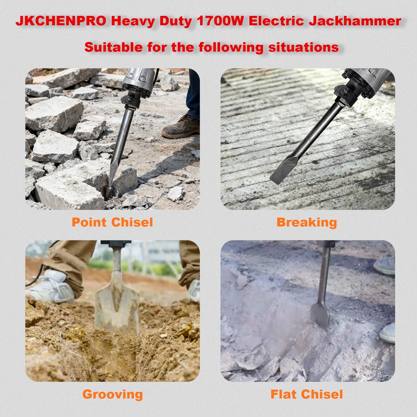 JKCHENPRO Heavy Duty Demolition Jack Hammer – Max 3500W, 1900 BPM Electric Concrete Breaker with 60J Impact Force, Includes 2 Chisels for Trenching, Breaking Holes & Construction Work