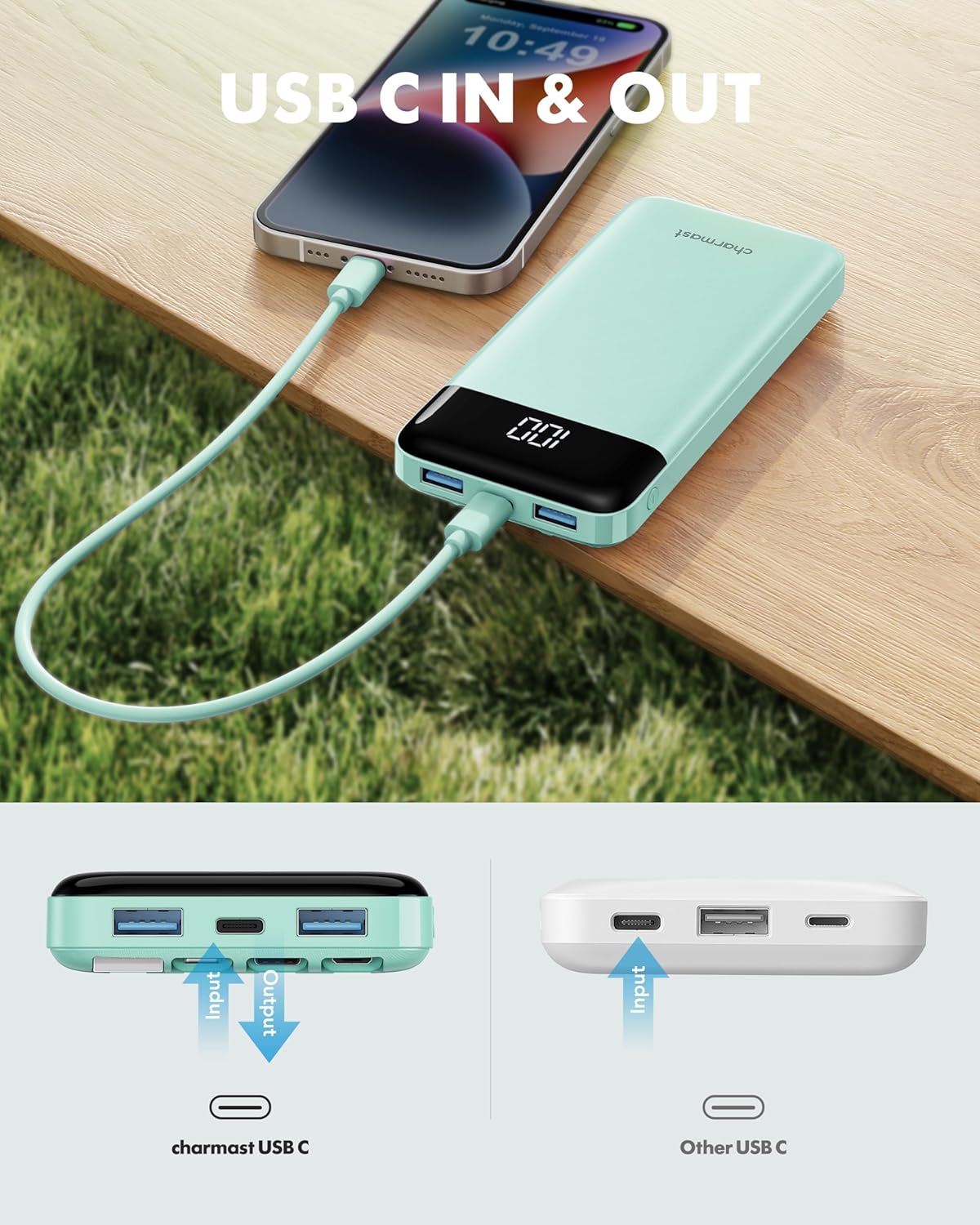 charmast 10000mAh Pack 6 3 5A Portable Charger with Built in Cables, Power Bank with Cords Wires, Slim Travel Battery