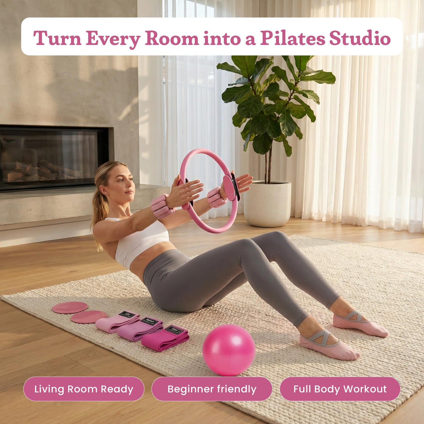 Prospervere Premium Pro Pilates Kit – 15 inch Pilates Ring and Ball Set w/ 1lb Ankle Weights, Fabric Resistance Bands, Sliders, Yoga Socks & Gym Bag – Blush Energy (Pink)