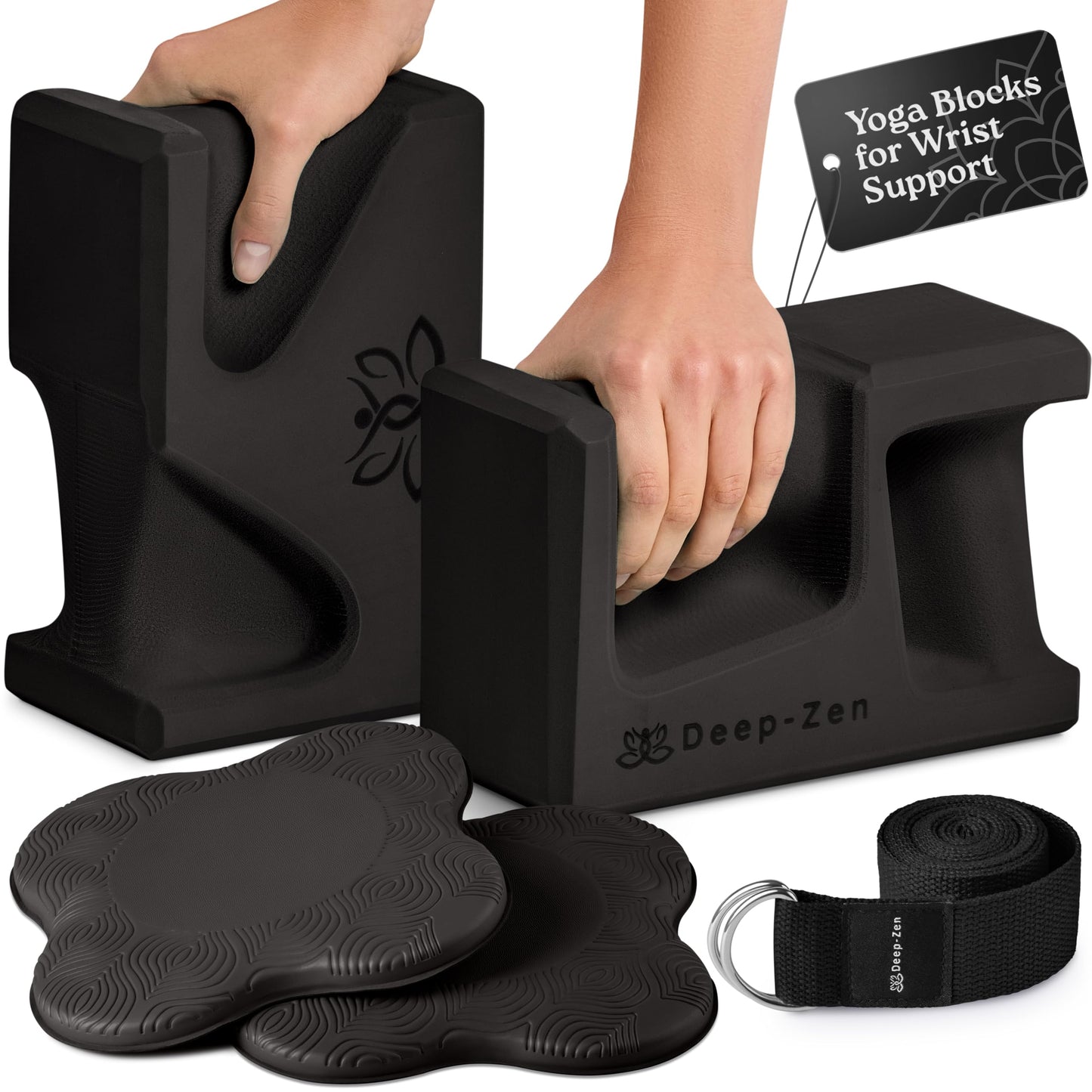 Deep-Zen PRO Yoga Blocks | Ergonomic Yoga Block 2 Pack for Wrist Comfort and Support | EVA Foam Exercise Blocks, 2x Knee Pads & Yoga Strap | Pilates Block Set | Bricks to Eliminate Wrist Pain, Black