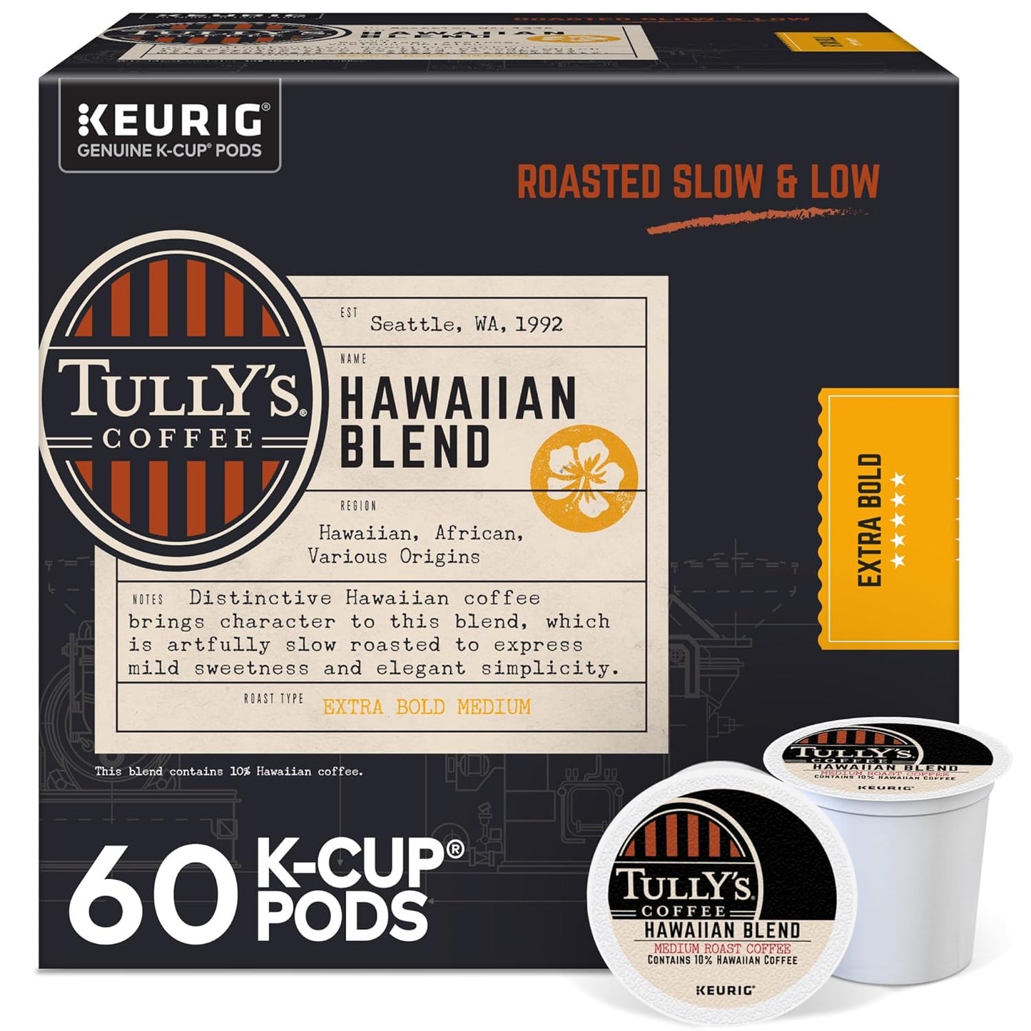 Tully's Coffee Hawaiian Blend K-Cup Pods - Medium Roast, 60 Count (6 Packs of 10)