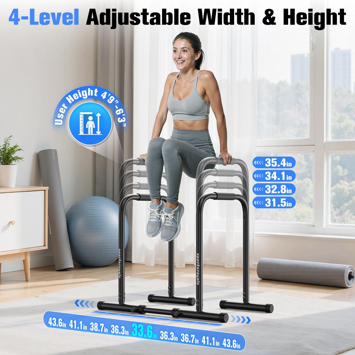SPORTSROYALS DP3 Dip Station Adjustable Dip Bar, Heavy Duty Parallette & Parallel Bars, 400LBS Stable Dip Stands for Home Gym, Calisthenics & Upper Body Workout Equipment
