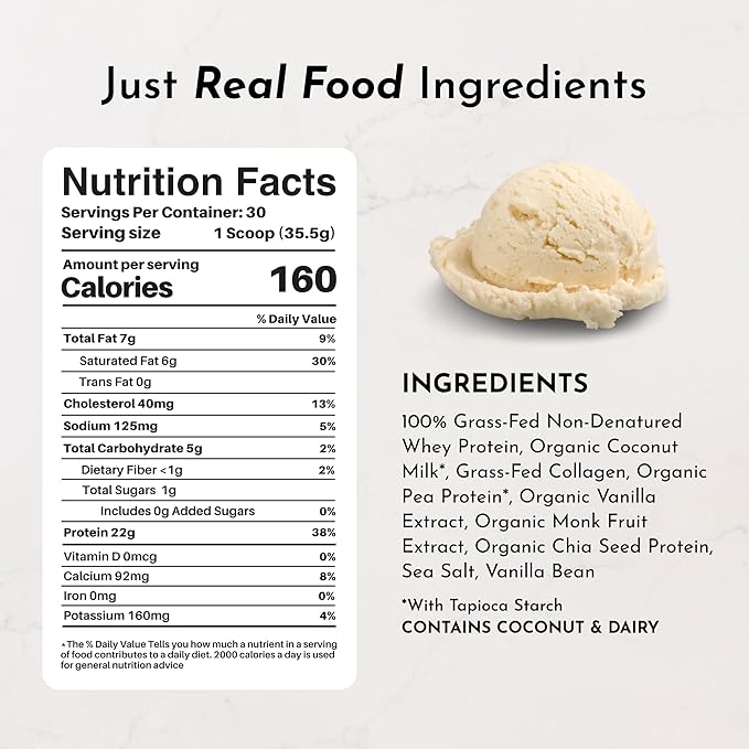 JUST INGREDIENTS French Vanilla Protein Powder ??30 Serving Bag ??Grass-Fed Whey & Plant Protein Blend with Real Vanilla Bean ??Sweetened with Coconut Sugar & Monk Fruit, Non-GMO, Gluten-Free
