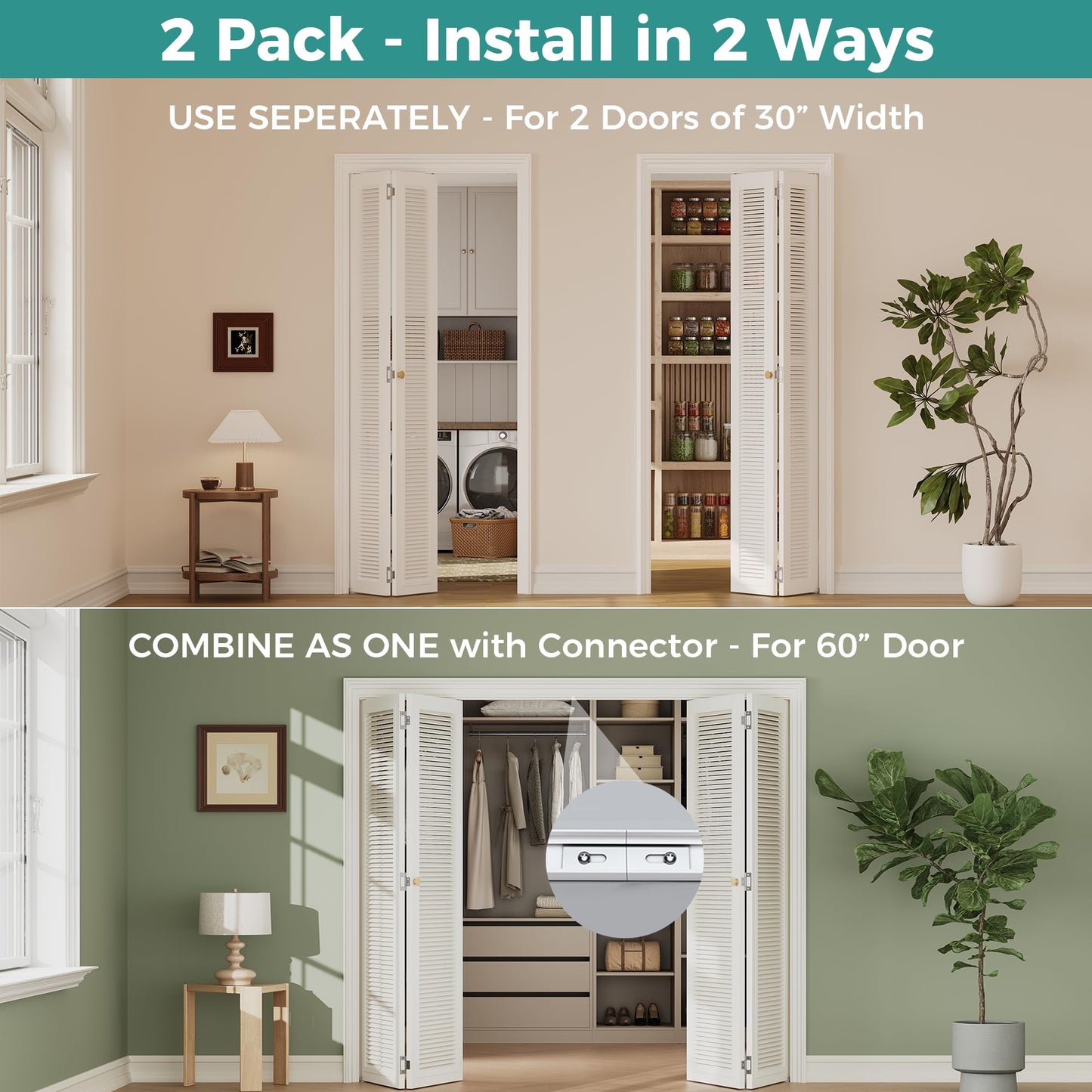 Ocyfym Closet Bifold Door Hardware & 30 Inch Track 2-Pack Kit, Combine for 60 in Door, Bi Folding Doors Puertas Repair Replacement Kit, with Rail Floor & Top Bracket Pivot Pin Guide Roller Hinge Knob
