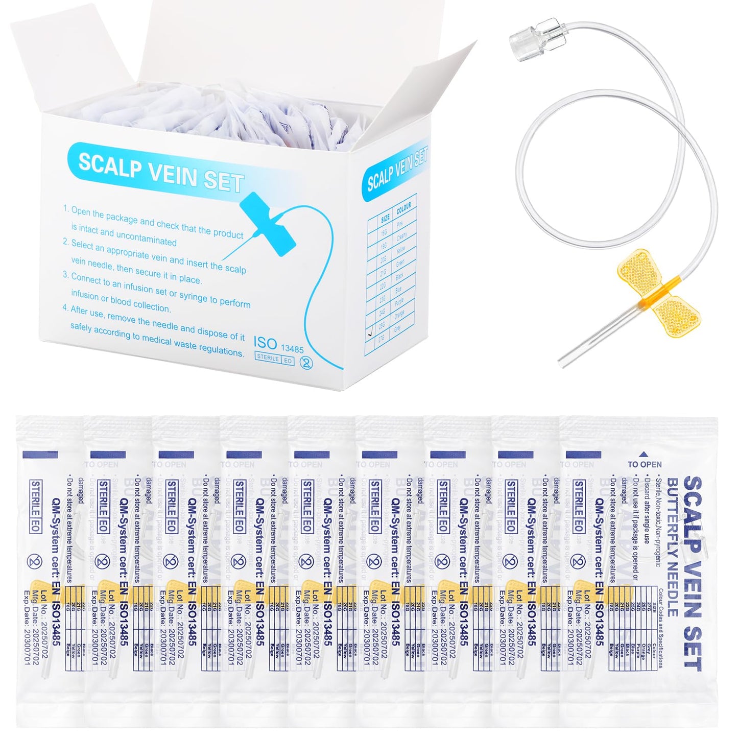 Gaillty 100 Pack Butterfly Needles Collection Needles Blood Collection Set with Holder Sterile Individual Packaging for Laboratories and Veterinary(Style2,25G X 3/4" X 12",Orange)