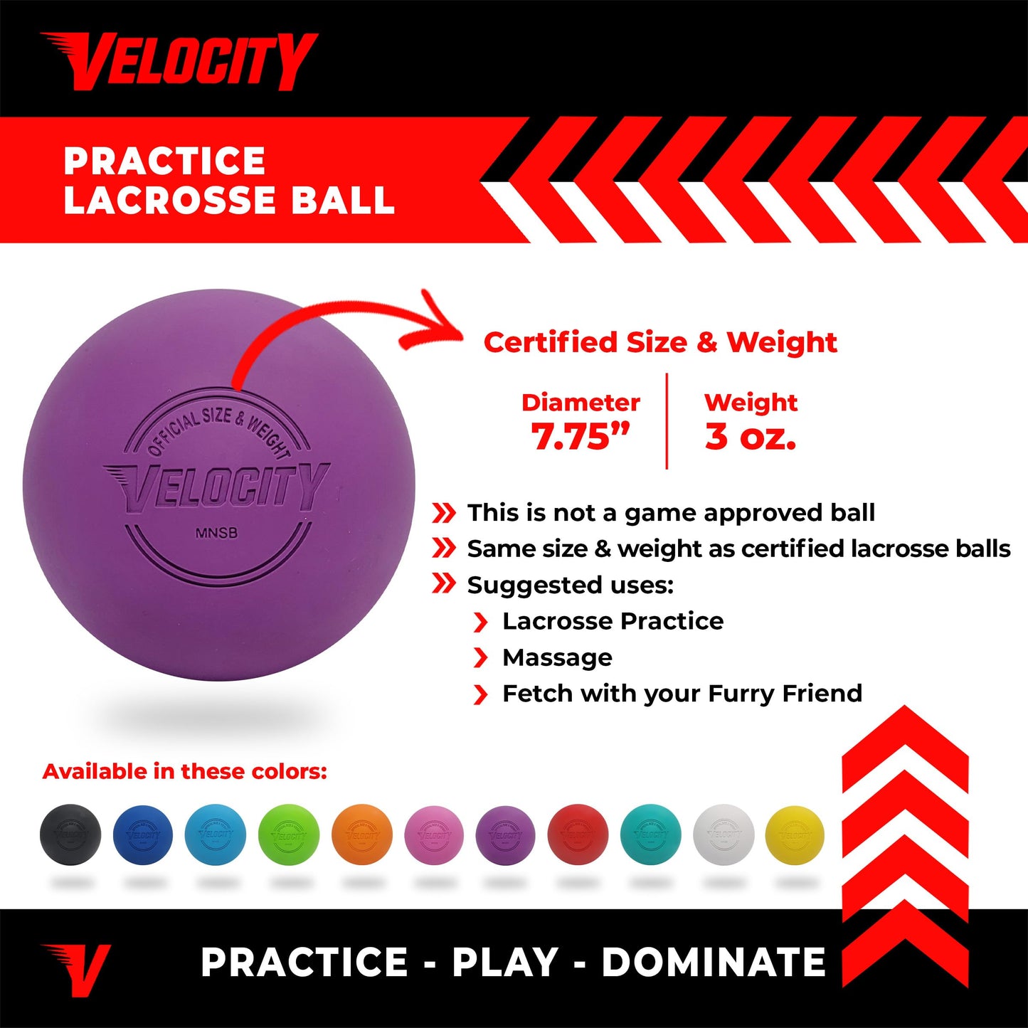 Velocity Practice Lacrosse Balls - 1, 2, 3, 6, 12, 18, 24, 36, 60 and 120 Packs - Official Size and Weight - Purple