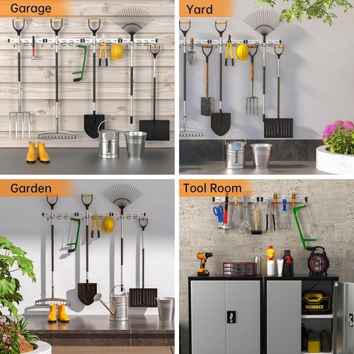 HUPBIPY Garden Tool Organizer - 34.5'' Aluminum Alloy Wall Mount Storage with Hooks for Shovel, Rake & Broom