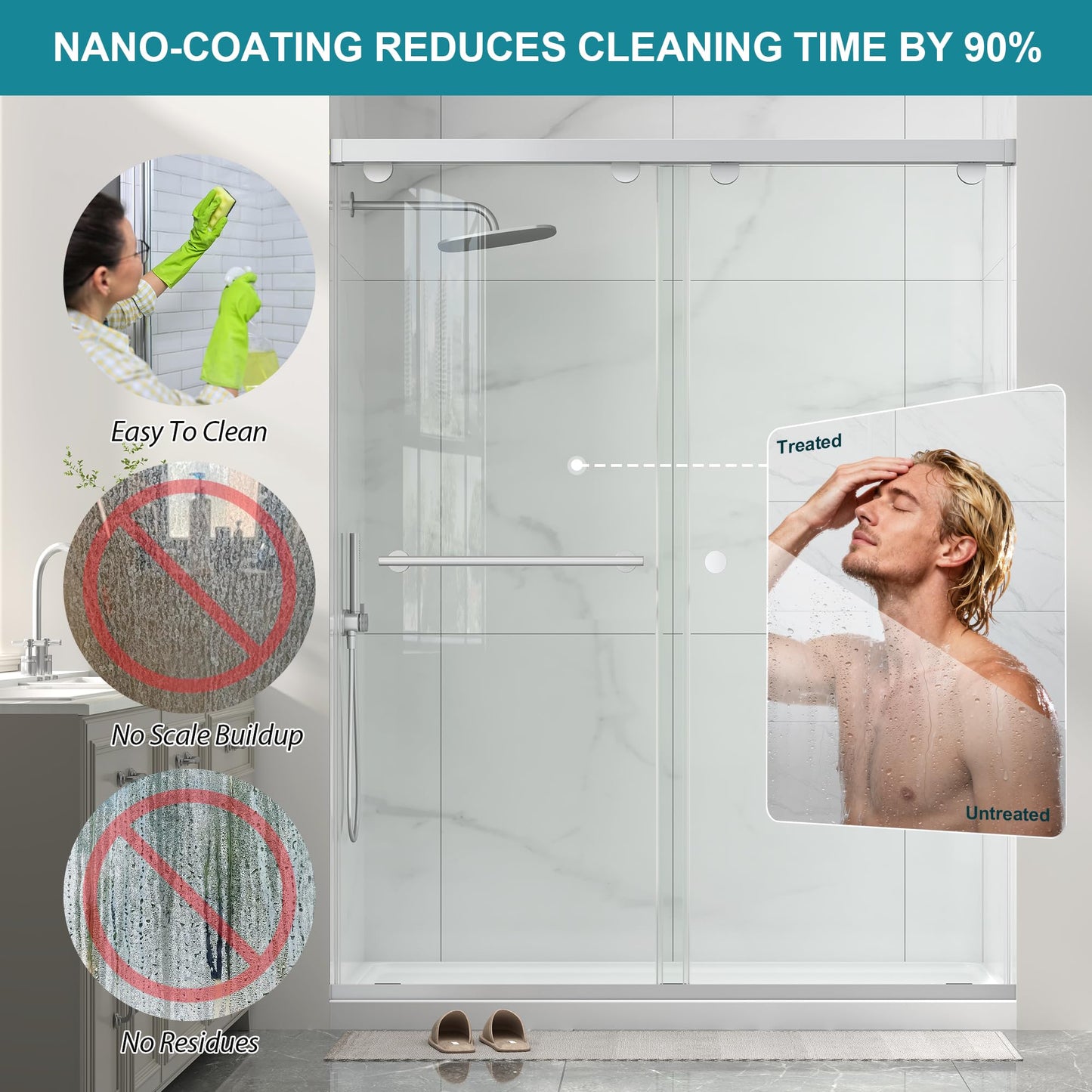 Frameless Shower Door with Soft-Close & Anti-Leak,5/16" (8mm) Double Sliding Shower Door,Nano Coating Anti-Explosion Film SGCC Tempered Glass 49"- 54" W x 76" H,Brushed Nickel