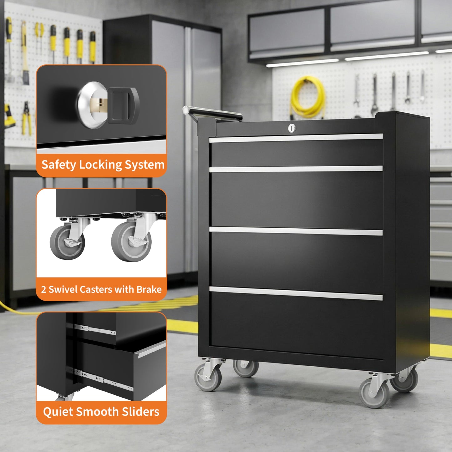 Garvee Rolling Tool Chest, 4 Drawers Tool Storage Cabinet, Toolbox with Wheels, Portable Tool Cabinet Organizer with Locking System & Drawer Liners, Tool Storage Cart for Garage, Workshop, Black